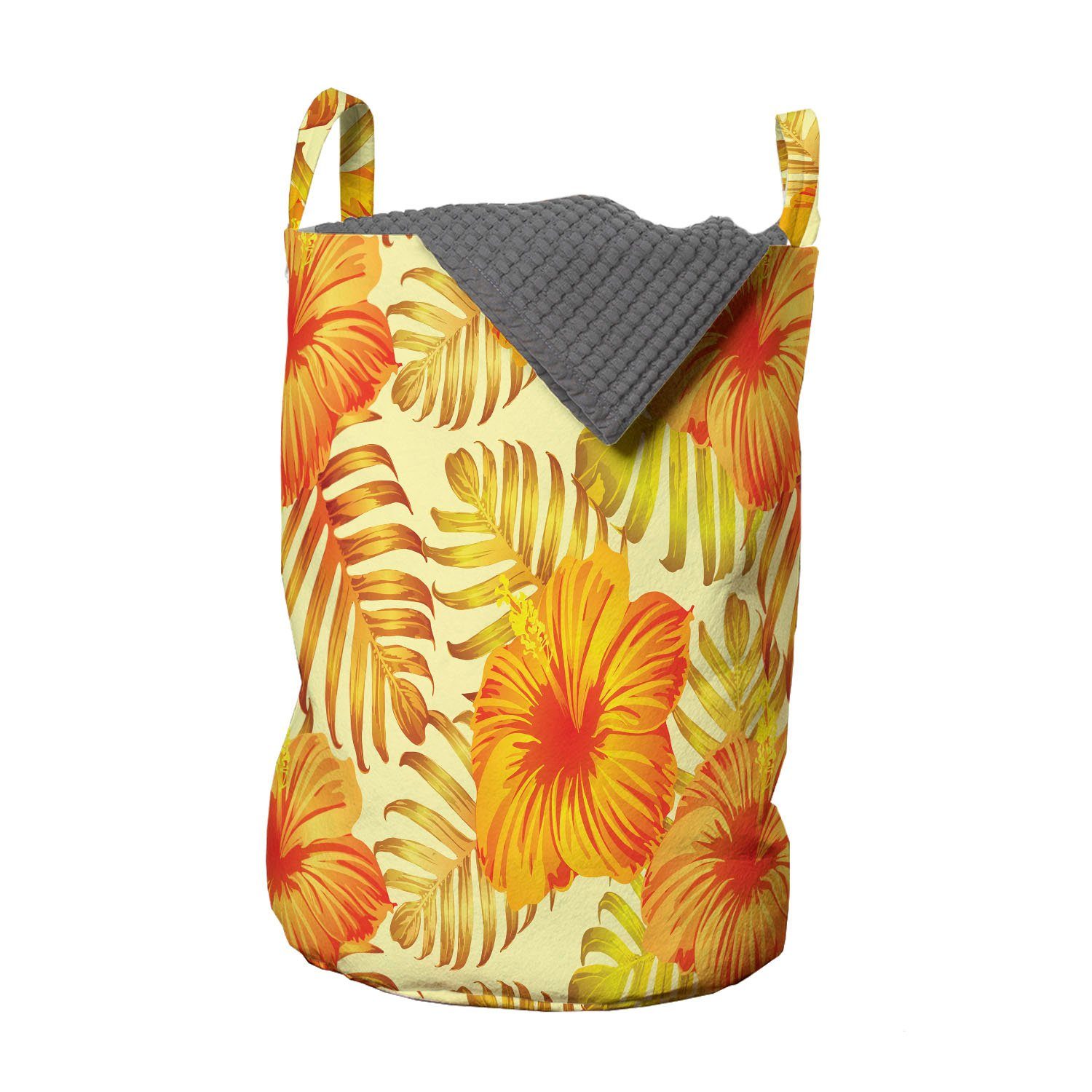 Abakuhaus Wäschesäckchen Wäschekorb mit Griffen Kordelzugverschluss für Waschsalons, Hibiskus Exotische Blumen Palmenblätter