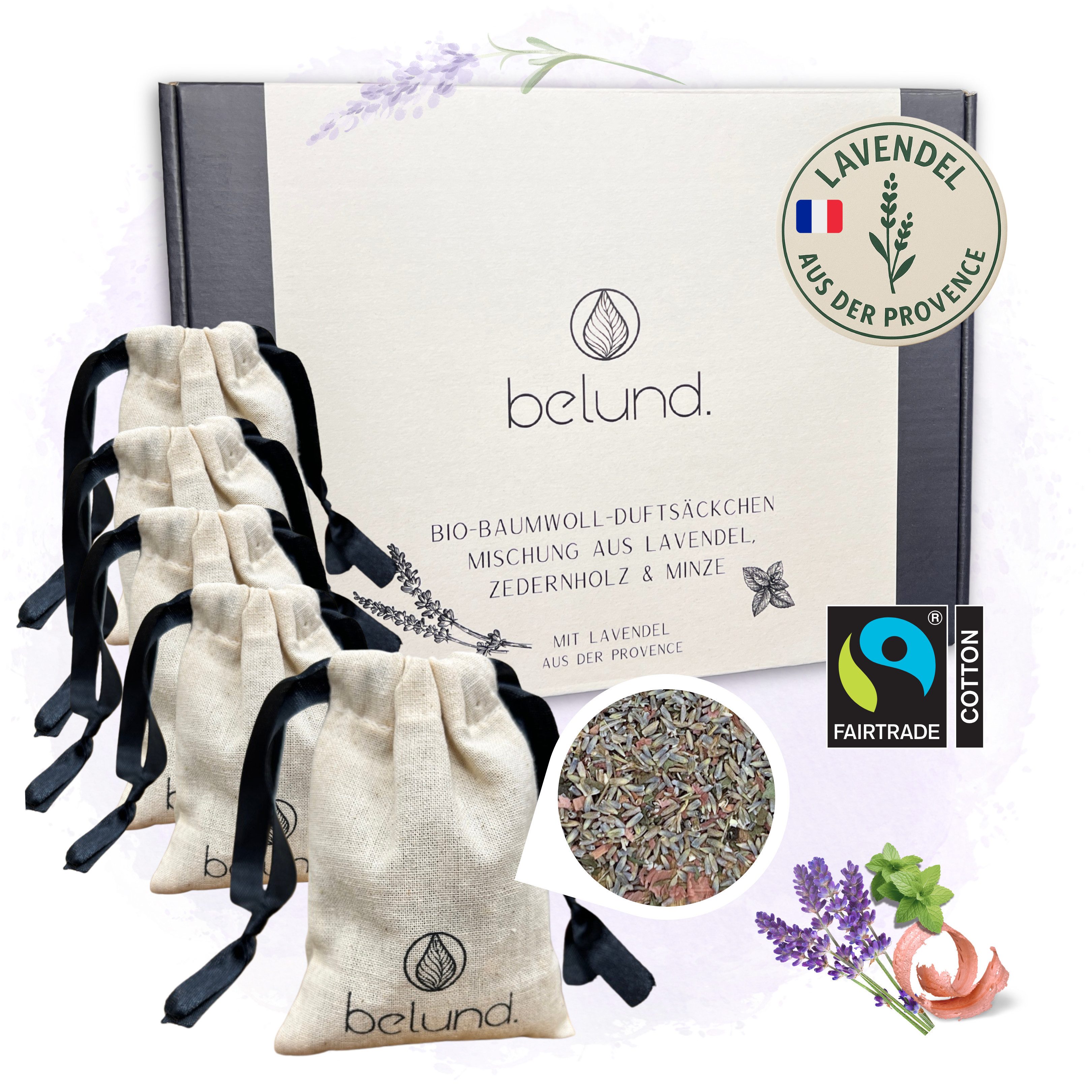 belund. Raumduft BIO-Baumwolle Lavendelsäckchen der Provence mit Zedernholz & Minze (5x Säckchen, Lavendelmischung mit Minze & Zedernholz), Lavendel, Kleidermotten, Duftsäckchen, Zedernholz, Pfefferminze, Bio