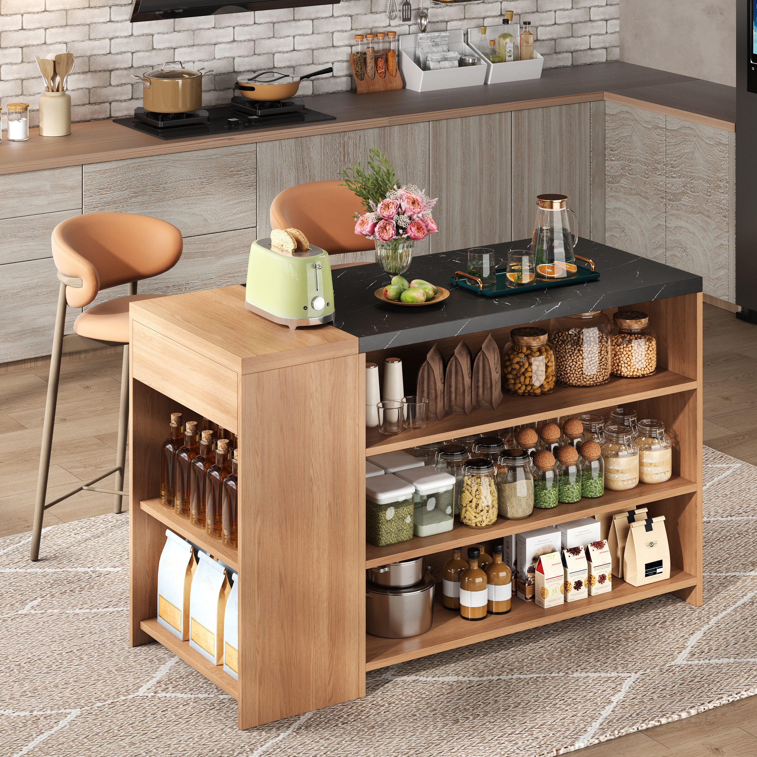 i@home Kücheninsel Küchenbar,Esstisch aus Eiche mit Marmor-Optik, 5 Ebenen Stauraum & versteckte Schublade,140×60×90 cm