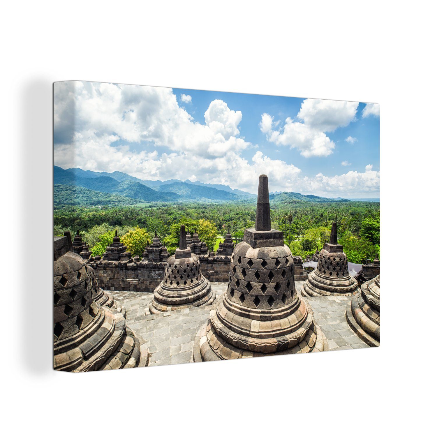 OneMillionCanvasses® Leinwandbild Weiße Wolken über St), Borobudur-Tempel, Wanddeko, 30x20 Leinwandbilder, cm (1 Aufhängefertig, dem Wandbild