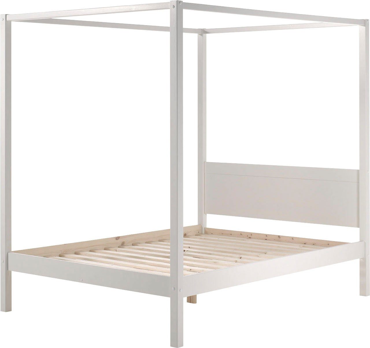 Vipack Himmelbett Pino, Kiefer massiv weiß lackiert, Made in Europe, zeitloses Design (B/H/T ca. 208x191x148cm, inkl. Rolllattenrost, 2 Breiten zur Auswahl), wahlweise mit Textil-Himmel
