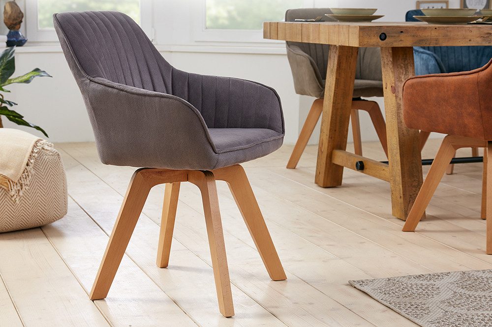riess-ambiente Polsterstuhl LIVORNO vintage grau – Microfaser, drehbar, Holz-Beine, mit Armlehne (Einzelartikel, 1 St), mit 180° Drehfunktion und Autoreturn – ideal für Dein Esszimmer