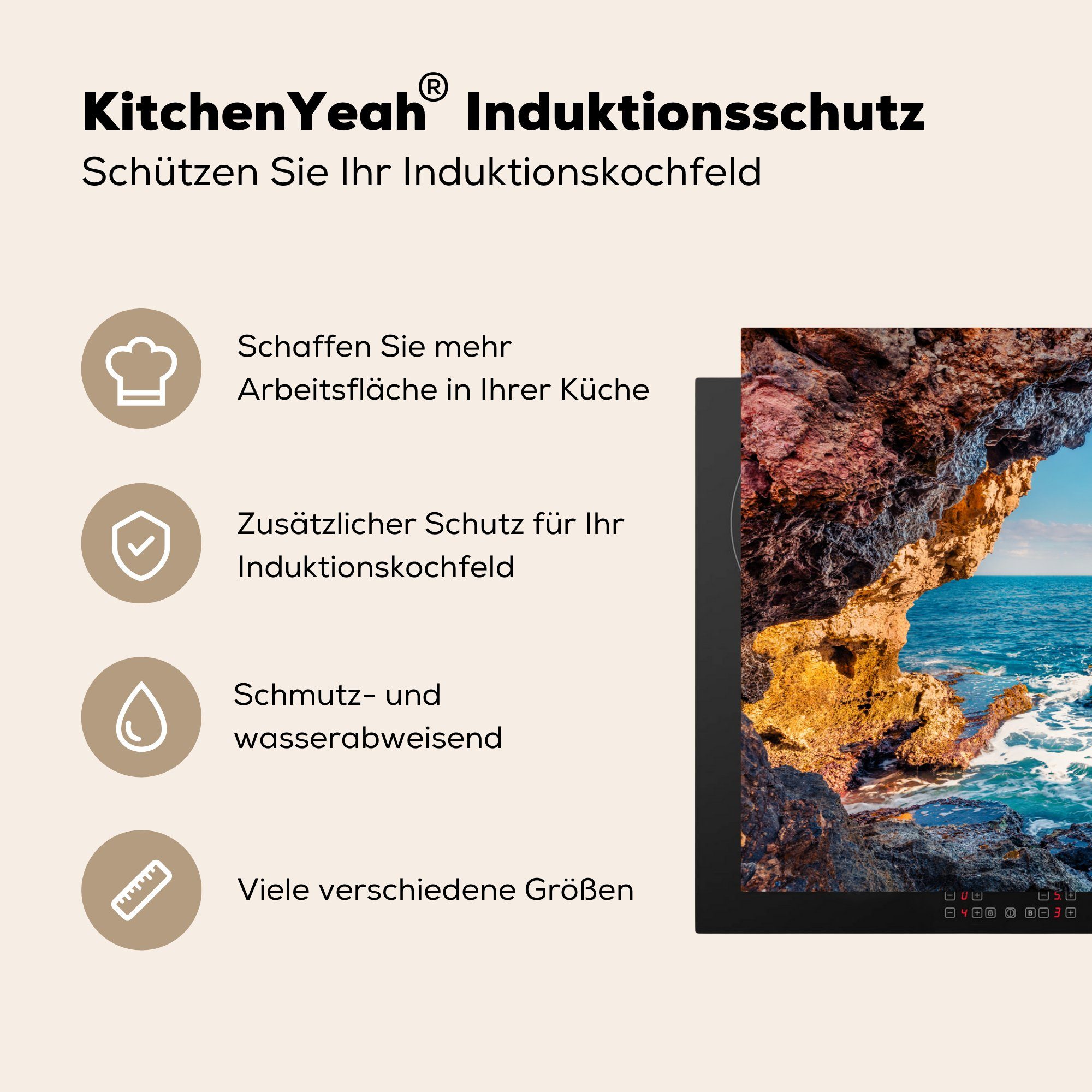 für Vinyl, tlg), Arbeitsplatte Meer Felsen cm, - (1 - MuchoWow Ceranfeldabdeckung, Höhle 81x52 küche Herdblende-/Abdeckplatte - Natur,