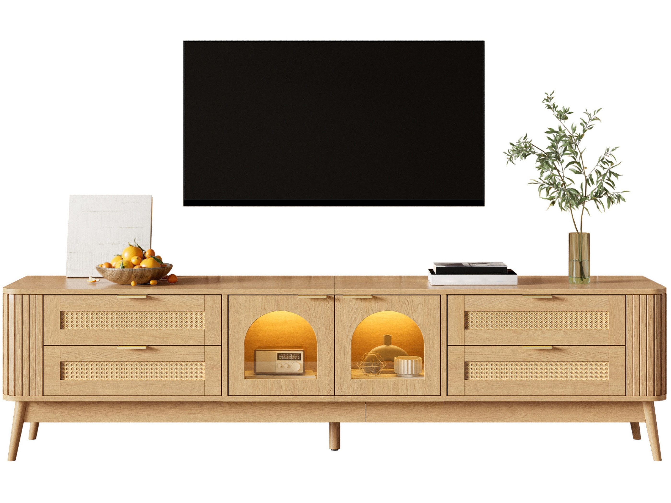 SeedWave Lowboard TV-Schrank 180 cm mit Bogenglastüren und App-LED, Flechtoptik, Massivholzbeine und Kabeldurchführung