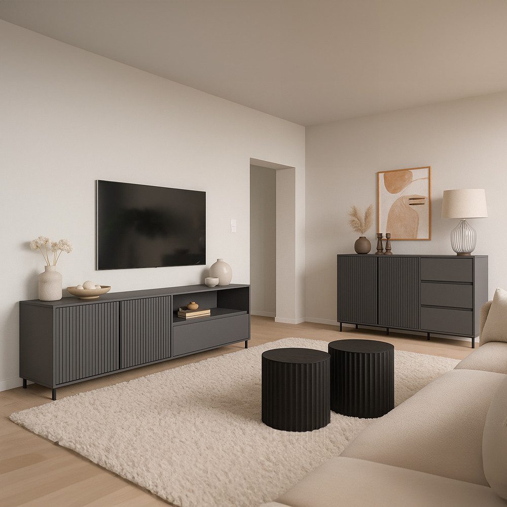 Lomadox Wohnzimmer-Set AMELIA-129, (Mega-Spar-Set, 2-St., Lowboard Sideboard), Lowboard Sideboard Anthrazit Rillen