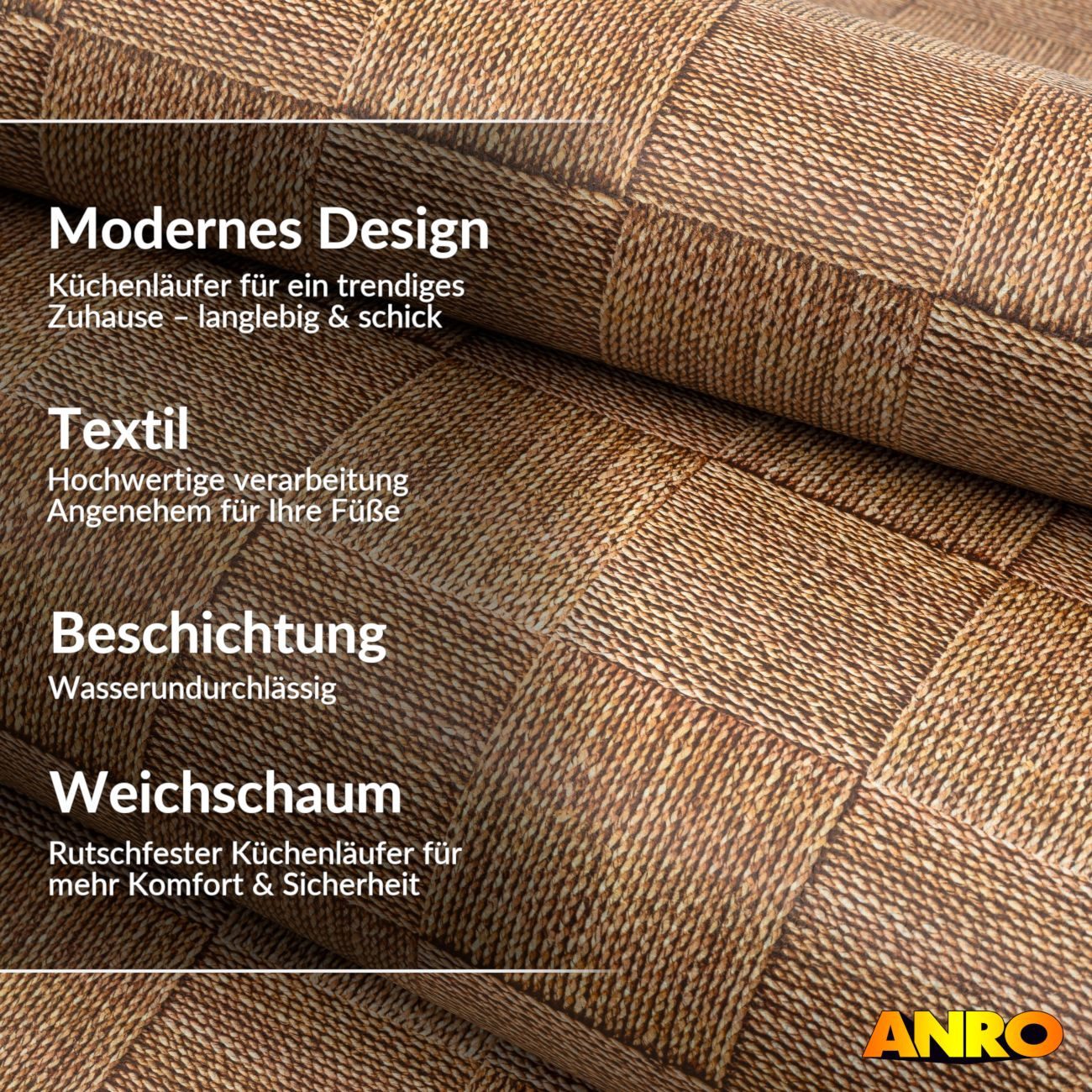 ANRO Küchenläufer abwaschbar Holz LADY Läufer stark pflegeleicht Küchenteppich, Rechteckig, Höhe: 3 mm, robust schmutzabweisend 67x100cm Patchwork Braun robust – Bild 2 von 5