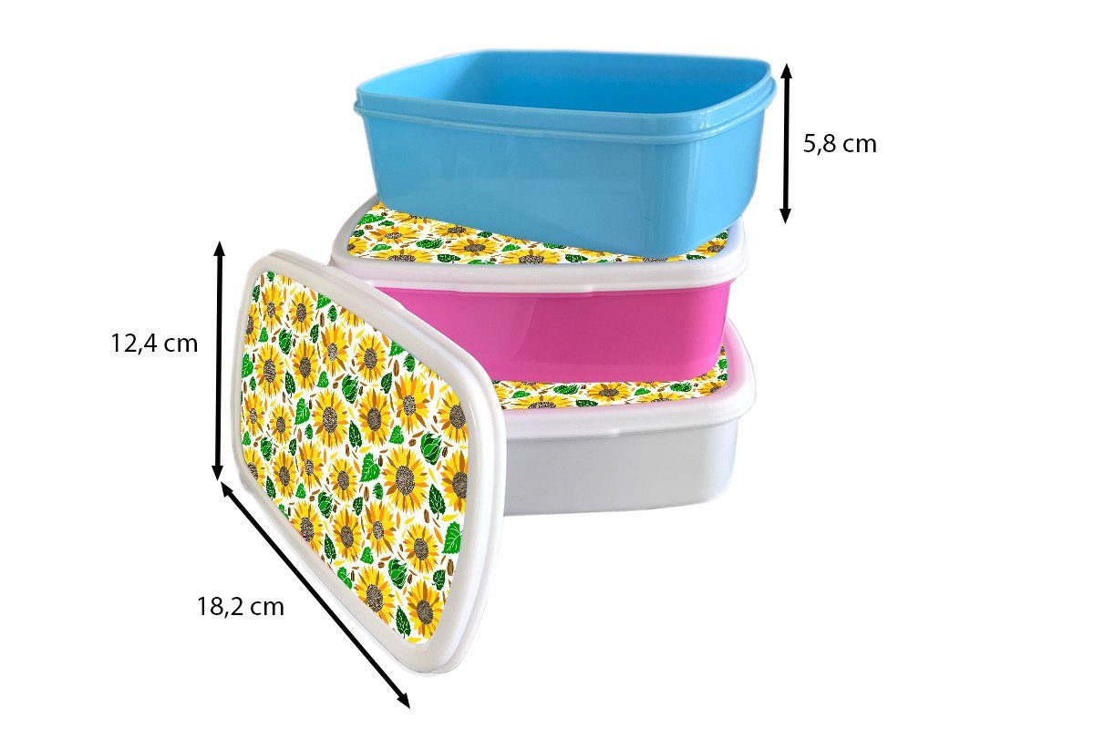für Kinder Mädchen (2-tlg), MuchoWow und Kunststoff, und Brotdose, Erwachsene, Jungs Muster, Lunchbox - für Sonnenblume - Blätter weiß Brotbox