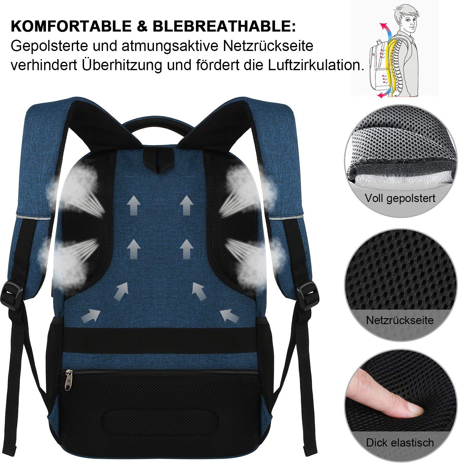 REDOM Laptoprucksack Laptop Rucksack Rucksäcke Schulrucksack Wasserbeständig Laptoptasche (Laptop Notebook Tasche Schule Uni Rucksack, 1-tlg., Anti-Diebstahl, Backpack mit Laptopfach, Sportrucksack, mit USB-Anschluss), fur Herren Damen Jungen Teenager Freizeit Arbeit Business Reisen