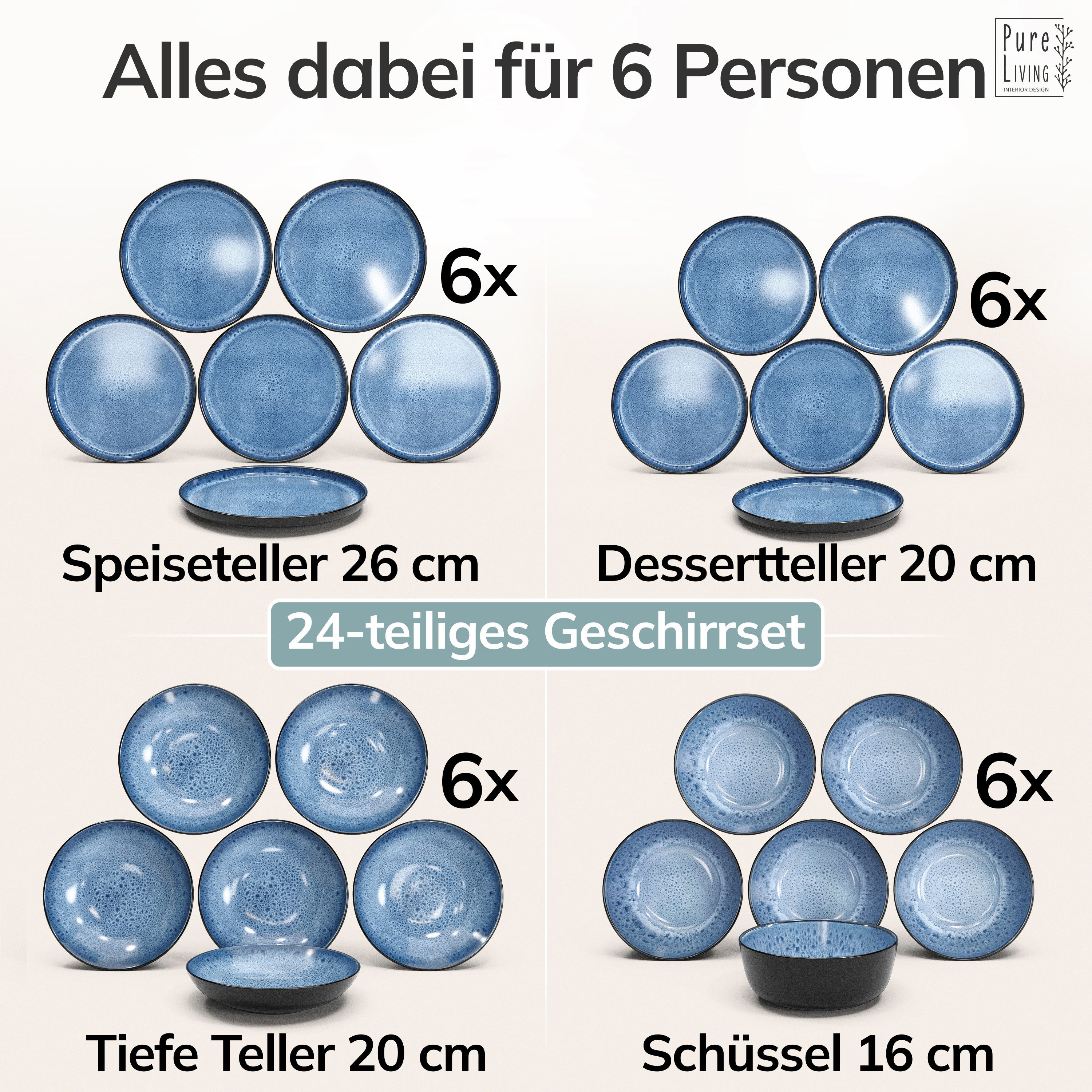 PURE LIVING INTERIOR DESIGN Geschirr-Set Ibiza aus Steingut, 24-tlg., für 6 Personen, Tiefblau (24-tlg), 6 Personen, Steingut – Bild 5 von 5