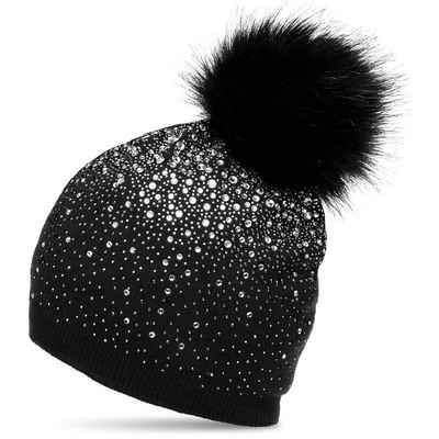 Caspar Bommelmütze MU188 Damen Fein Strick Glitzer Strass Winter Mütze mit Fellbommel