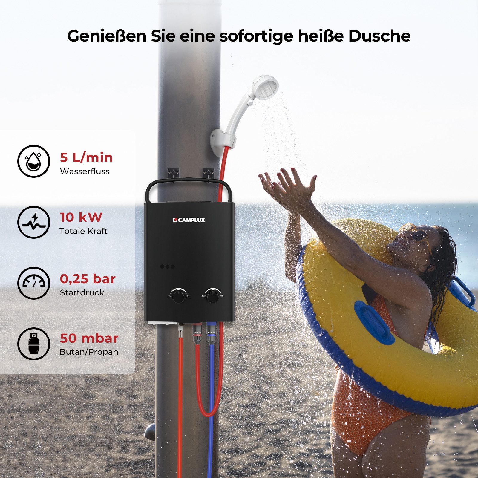 CAMPLUX Durchlauferhitzer AY132B-DE Campingdusche, min. 10 °C, max. 65 °C, LPG Durchlauferhitzer 5L 10 kW Warmwasserbereiter 50 mbar