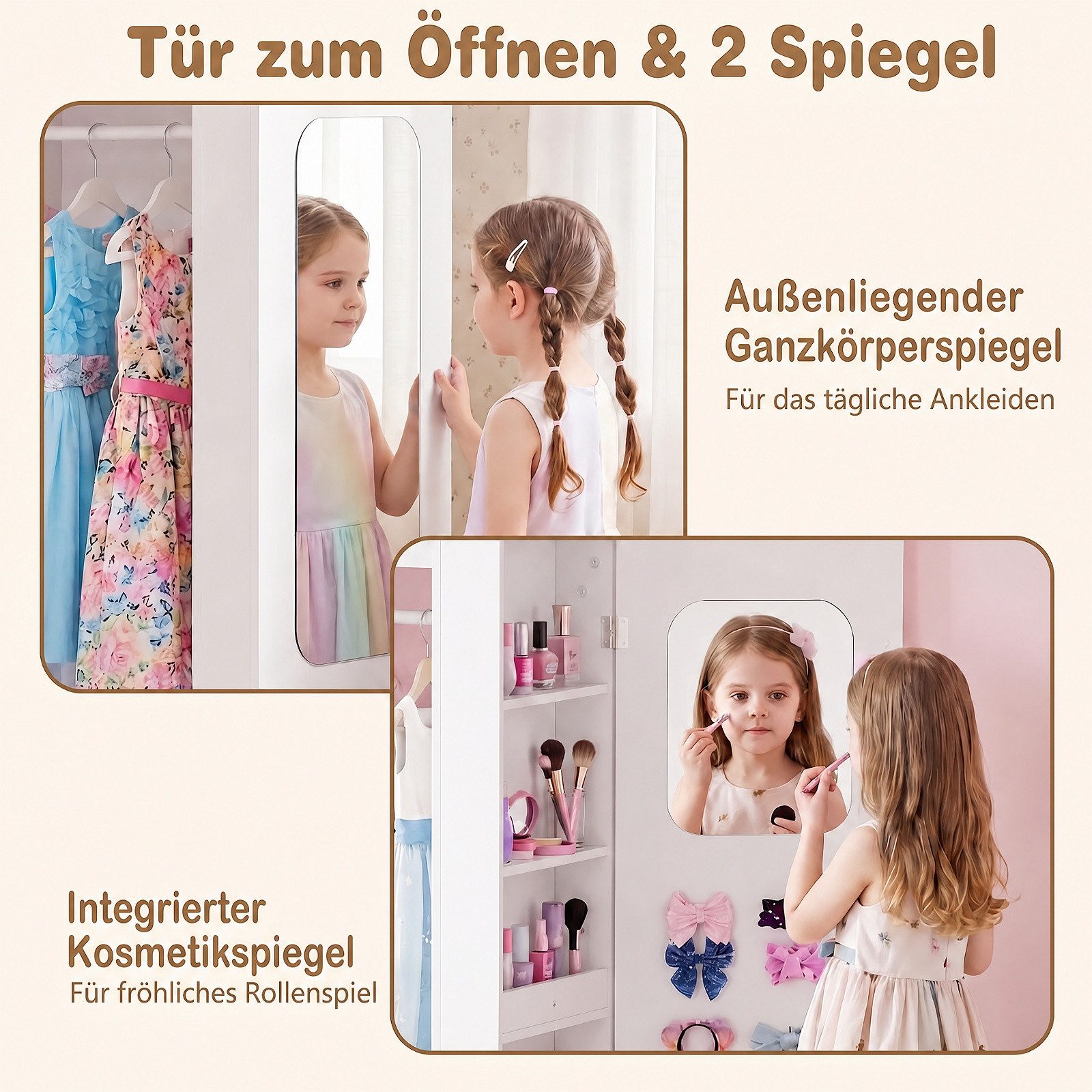 KOMFOTTEU Kinderkleiderschrank Kindergarderobe Kleiderständer mit Spiegel, Kleiderstange & offenen Fächern – Bild 4 von 5