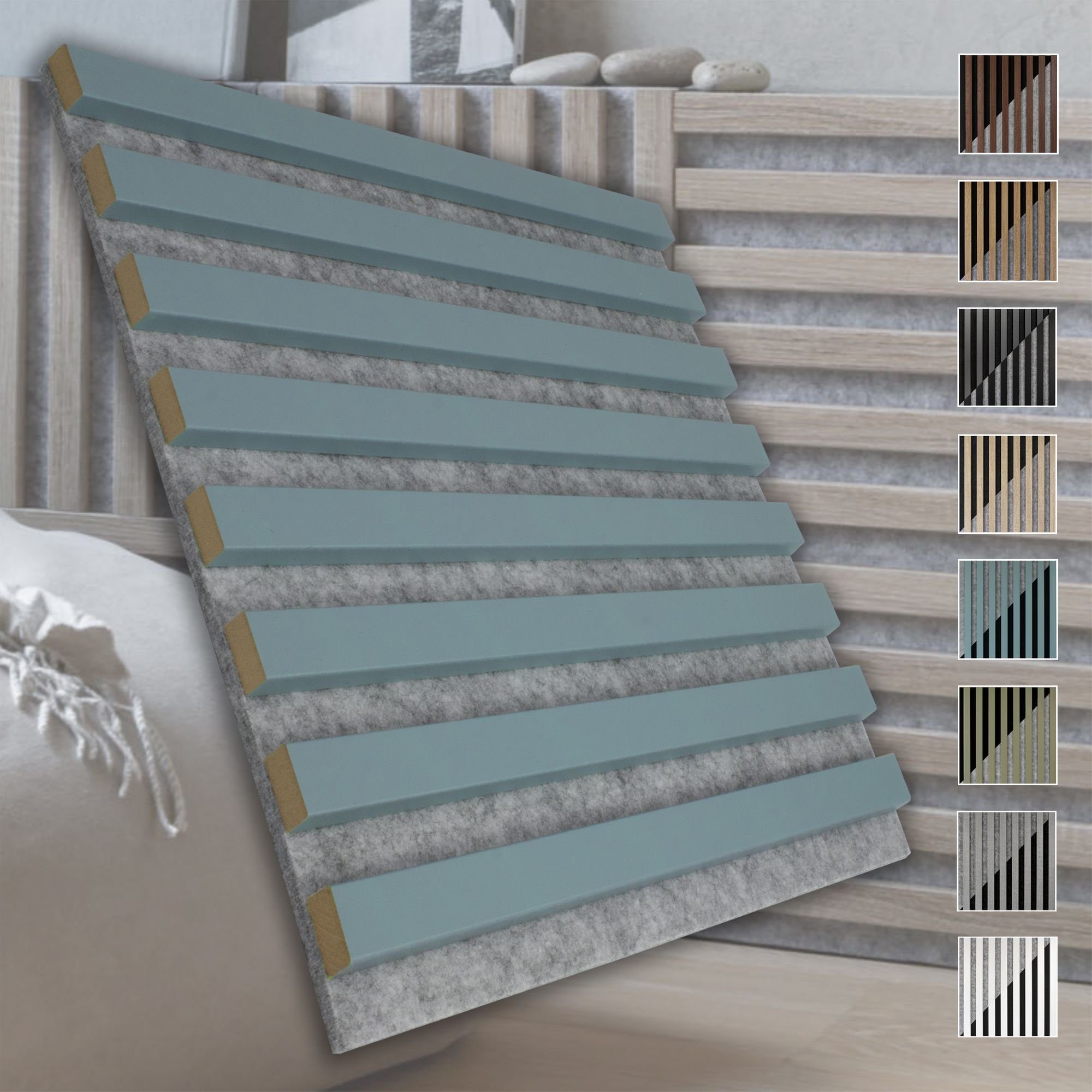 marbet design Wandpaneel, (Akustikpaneele Akustikquadrate 40x40cm Wandverkleidung Holz - (1 Paneel, grau - hellblau) vertikal Akustikfilz Lamellenwand Platten)