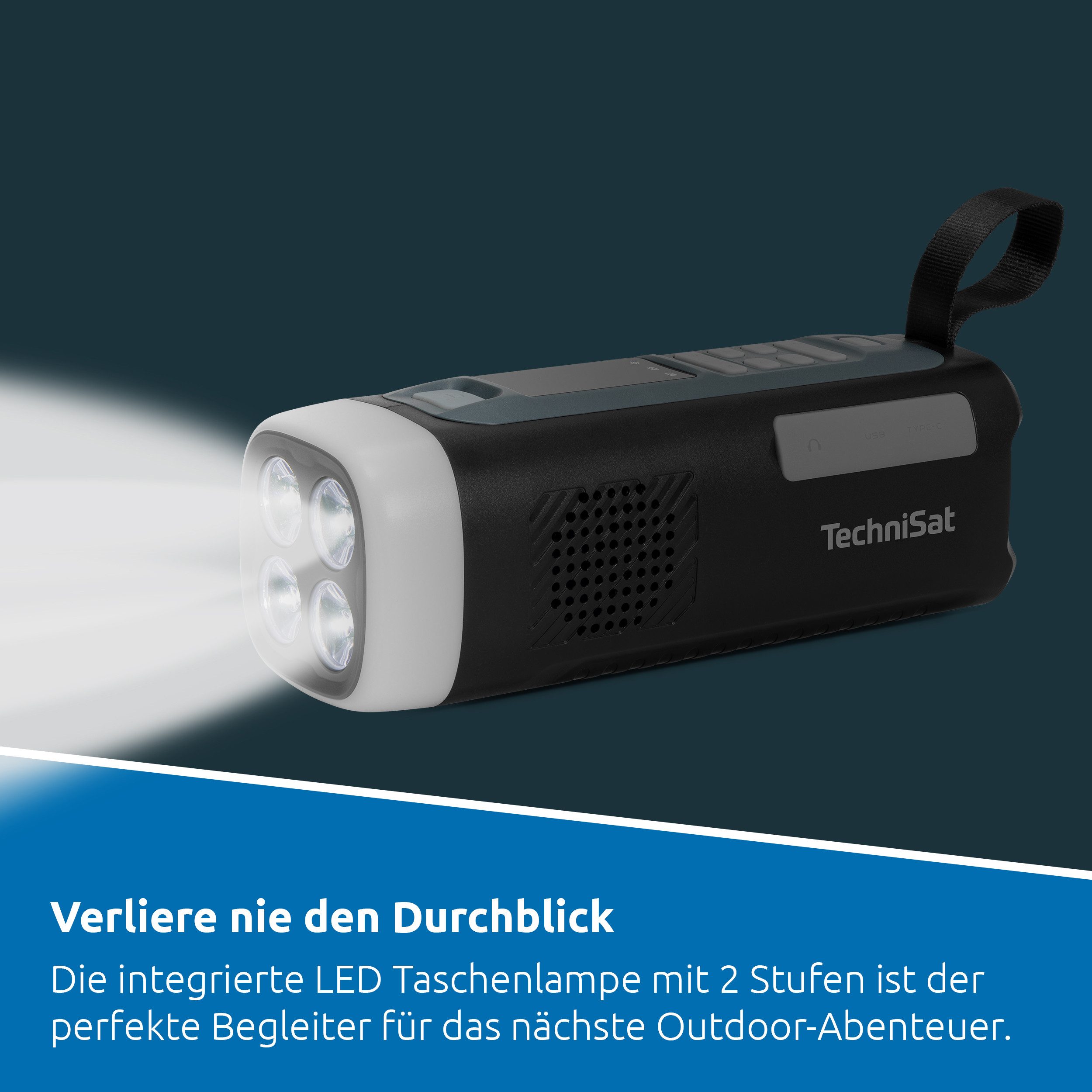 TechniSat VIOLA Kurbelradio UKW-Radio (FM-Tuner, 3 W, Kurbel, Solar, 4500-mAh-Powerbank, SOS-Alarm, LED-Licht) – Bild 4 von 5