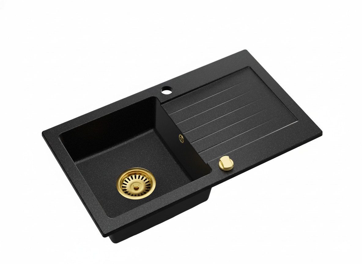 Faizee Möbel Granitspüle Granitspüle Küchenspüle inkl. Siphon Set Gold Einbauspüle 75x45, Rechteck, 75/45 cm