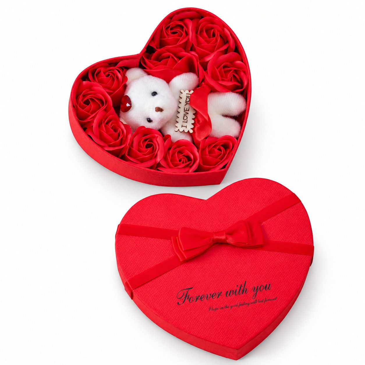 Kunstblume Rosenbox mit Teddy in Herzform – künstliche Rosen Rose, Norvéa Home, Herzförmige Rosenbox mit Teddy und langlebigen Kunstrosen