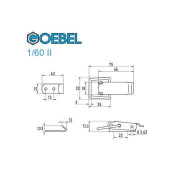 GOEBEL GmbH Kastenriegelschloss 5577534160, (100 x Spannverschluss 1 / 60 II Kappenschloss, 100-tlg., Kistenverschluss - Kofferverschluss - Hebel Verschluss), gerade Grundtplatte inkl. Gegenhaken Aluminium