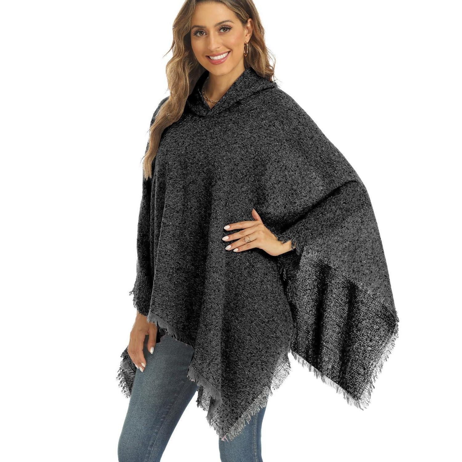 LuxusKollektion Poncho Poncho Damen Kapuze Fransen Winter Schwarz