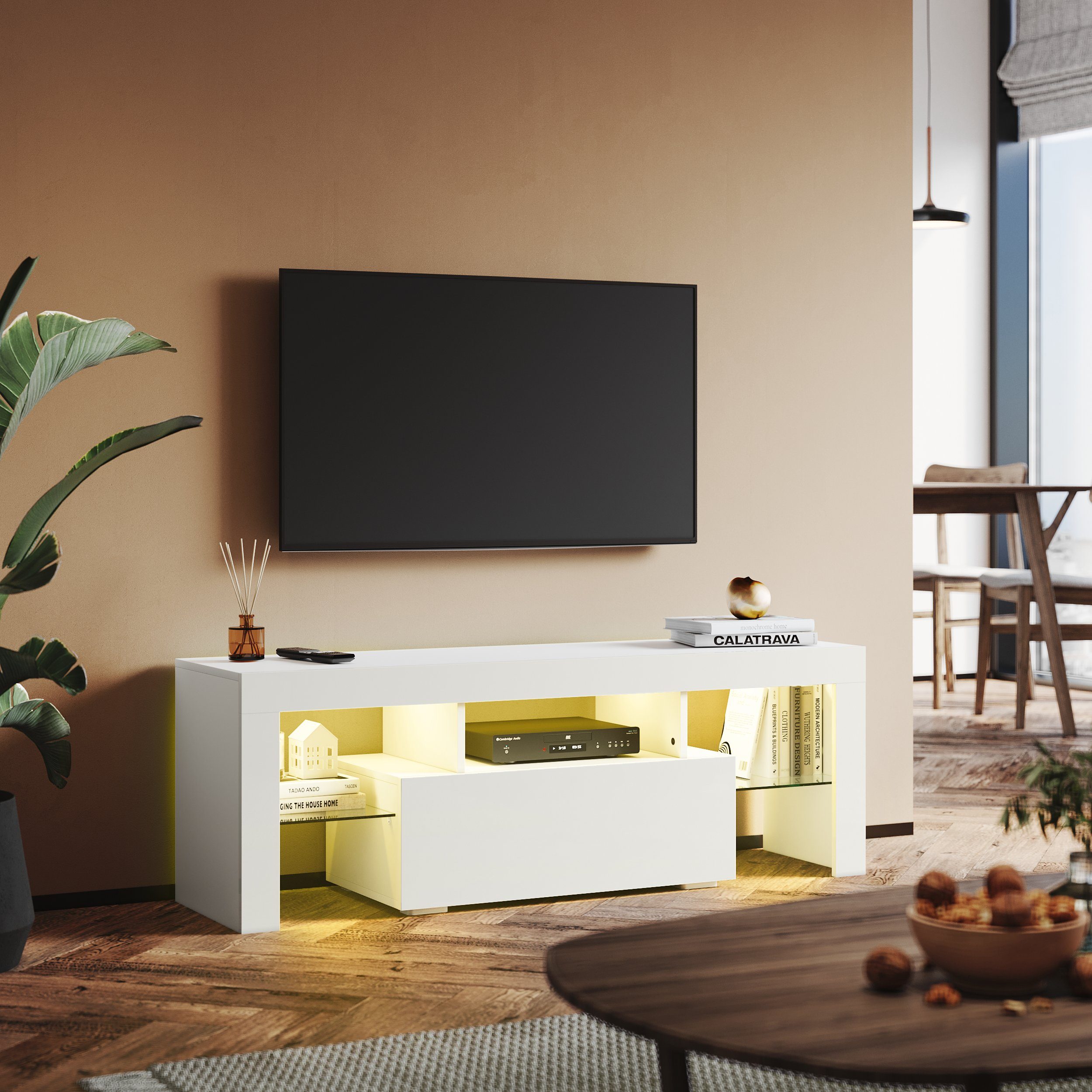Hochglanz TV Beleuchtung wohnzimmer, Weiß Lowboard tv 130cm SONNI LED TV-Schrank Breite schrank mit sideboards in