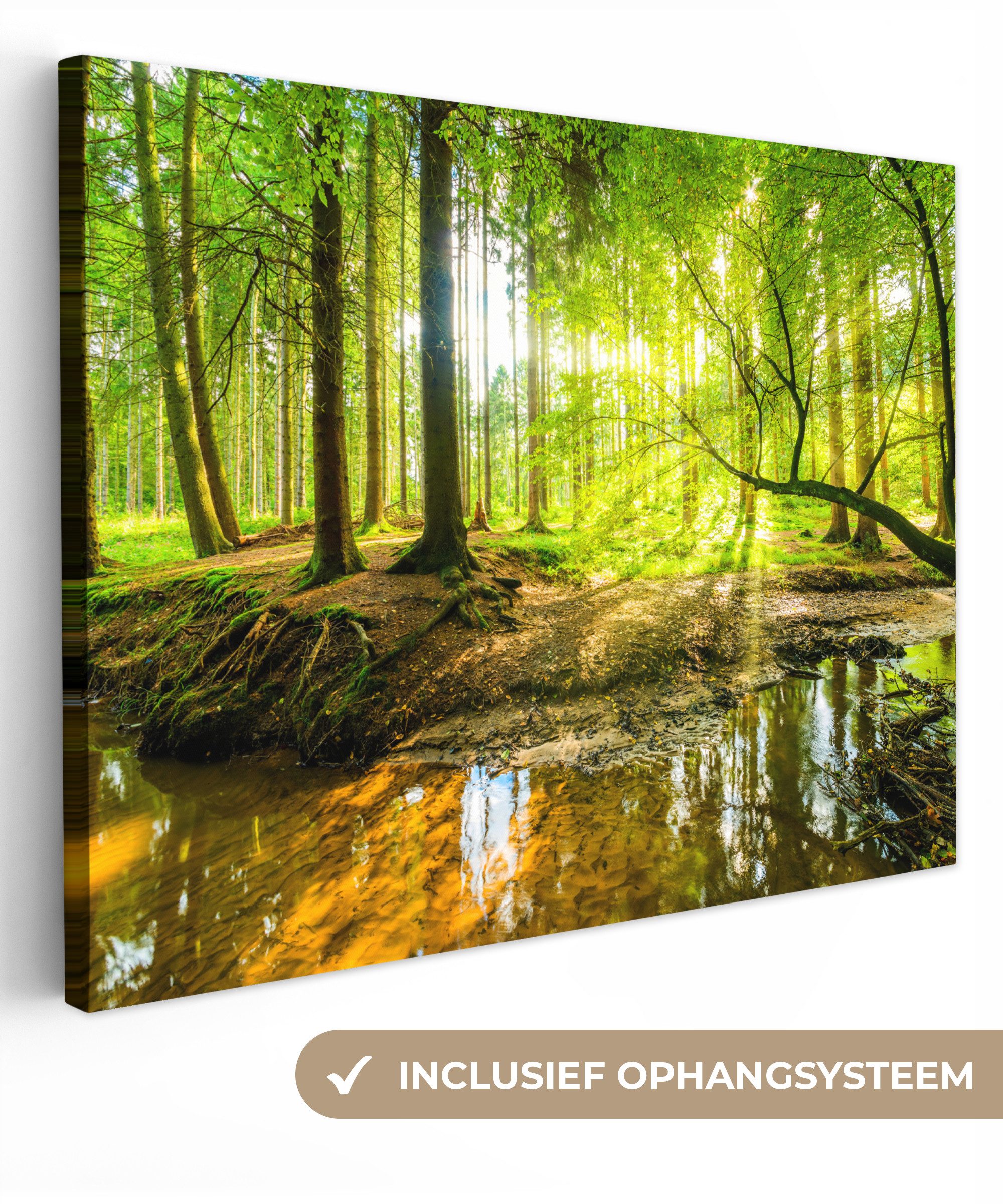 OneMillionCanvasses® Leinwandbild Wald - Landschaft - Wasser - Bäume - Sonne - Grün - Natur, Fotodruck (1 St), Leinwand Bilder für Wohnzimmer Schlafzimmer 80x60 cm