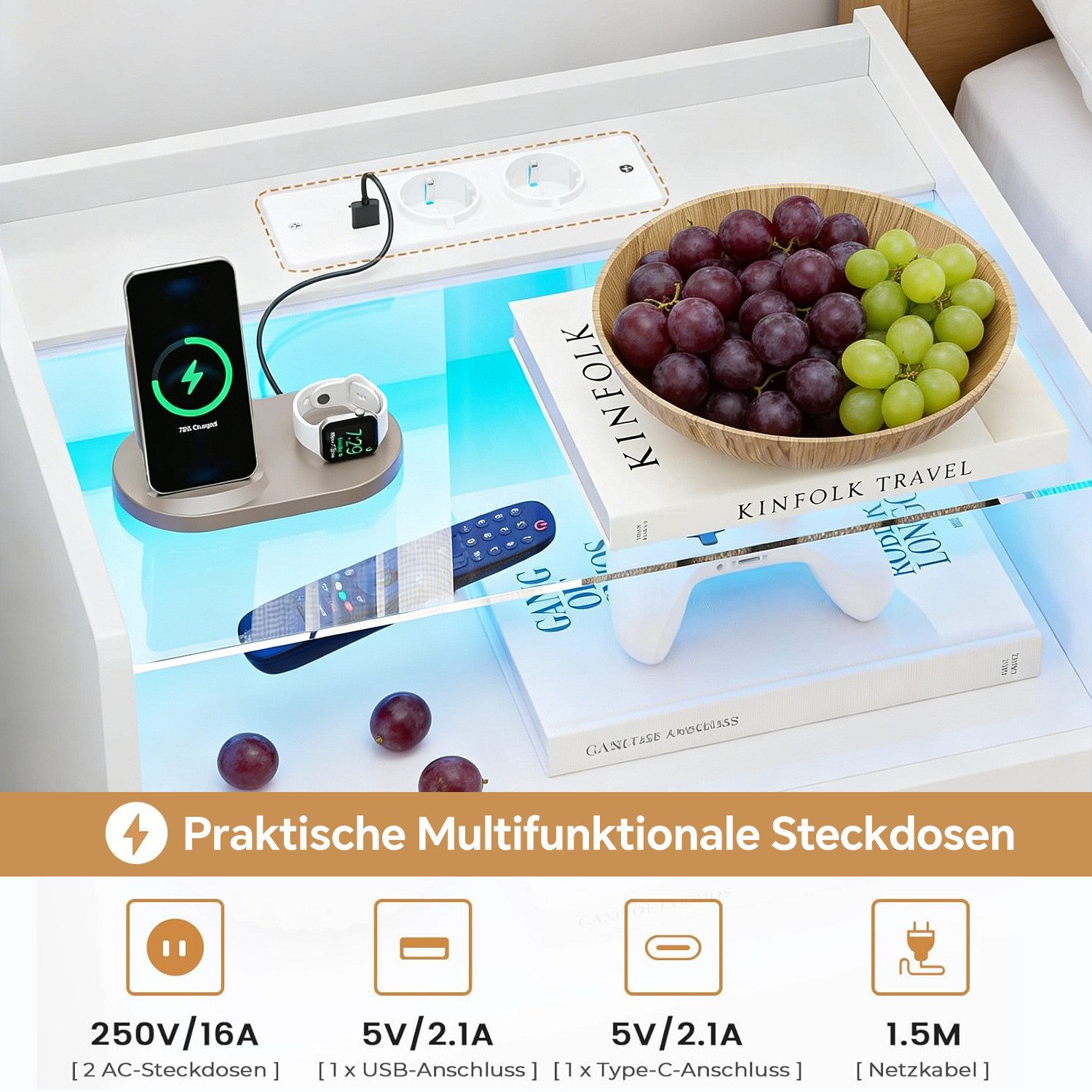 MSMASK Nachttisch mit LED-Beleuchtung und Steckdosen, 3 Schubladen, 45x35x61cm (1-St), Nachtschrank mit Sichtbarer Glastischplatte – Bild 4 von 5