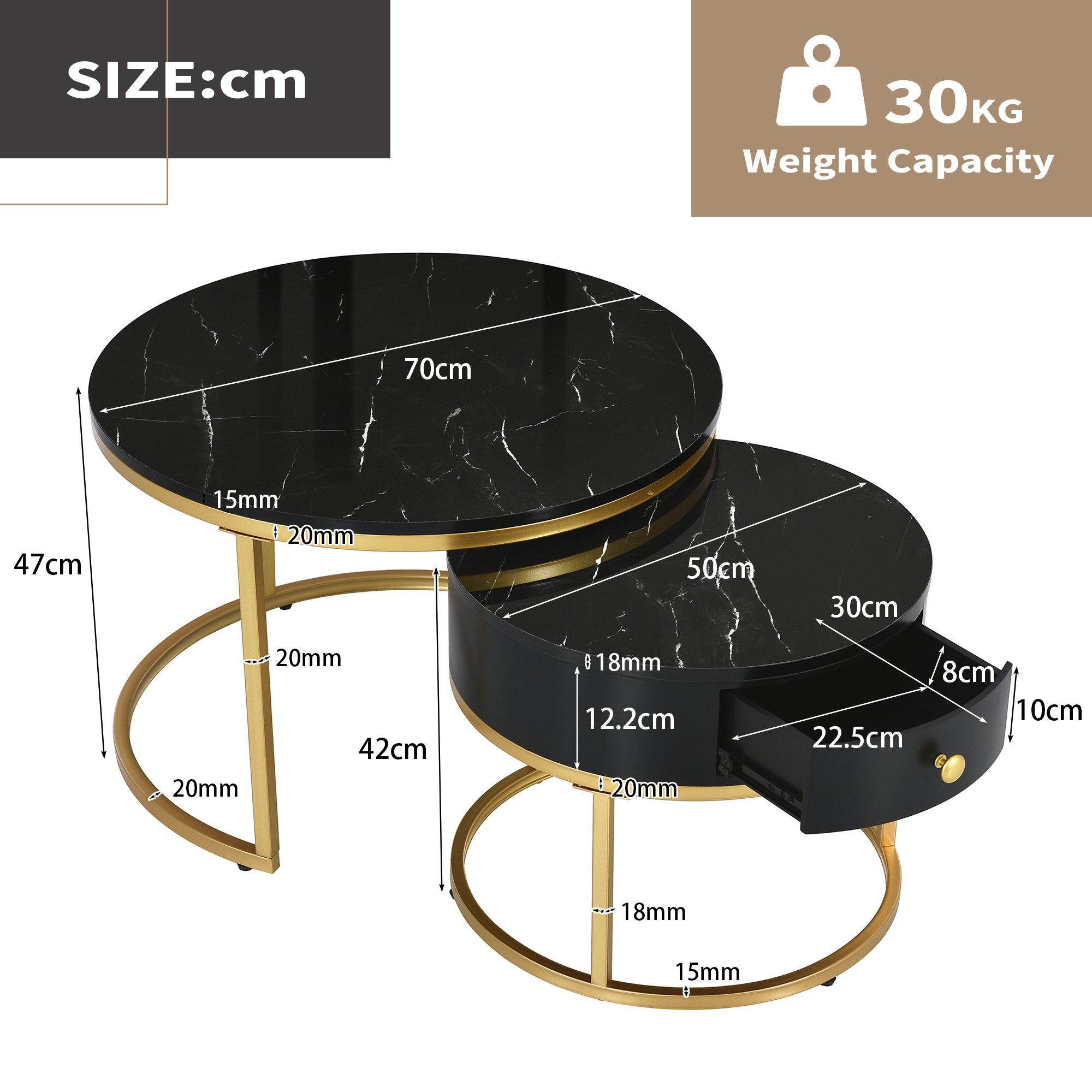 Couchtisch (2-St., Sofatische Satztische in hochglanz Marmoroptik), rund Beistelltisch ∅70x45cm ∅50x40cm, Gestell aus Metall