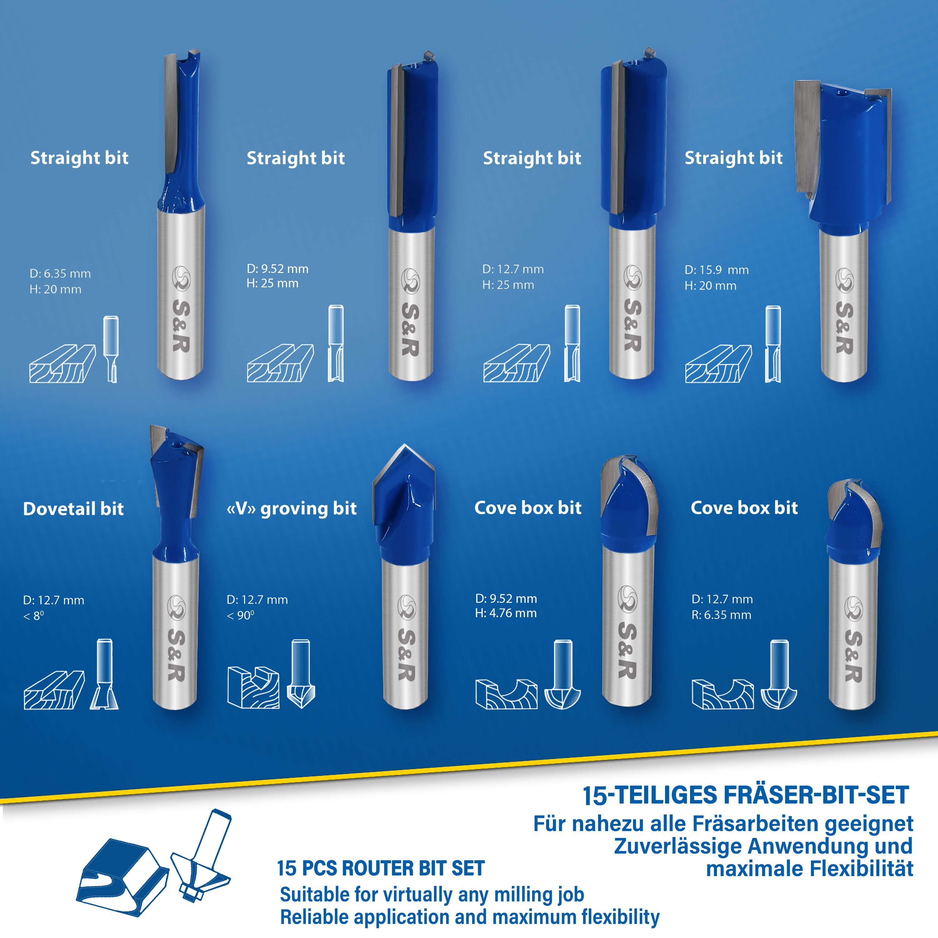 S&R Fräsbohrer HM, Holzfräs-Bits mit 8mm Schaft, Holzkoffer, geschmiedeter Stahl, (Set, 15-tlg), Schneidplatten aus HM, Fräser für Oberfräse in robuster Holzbox
