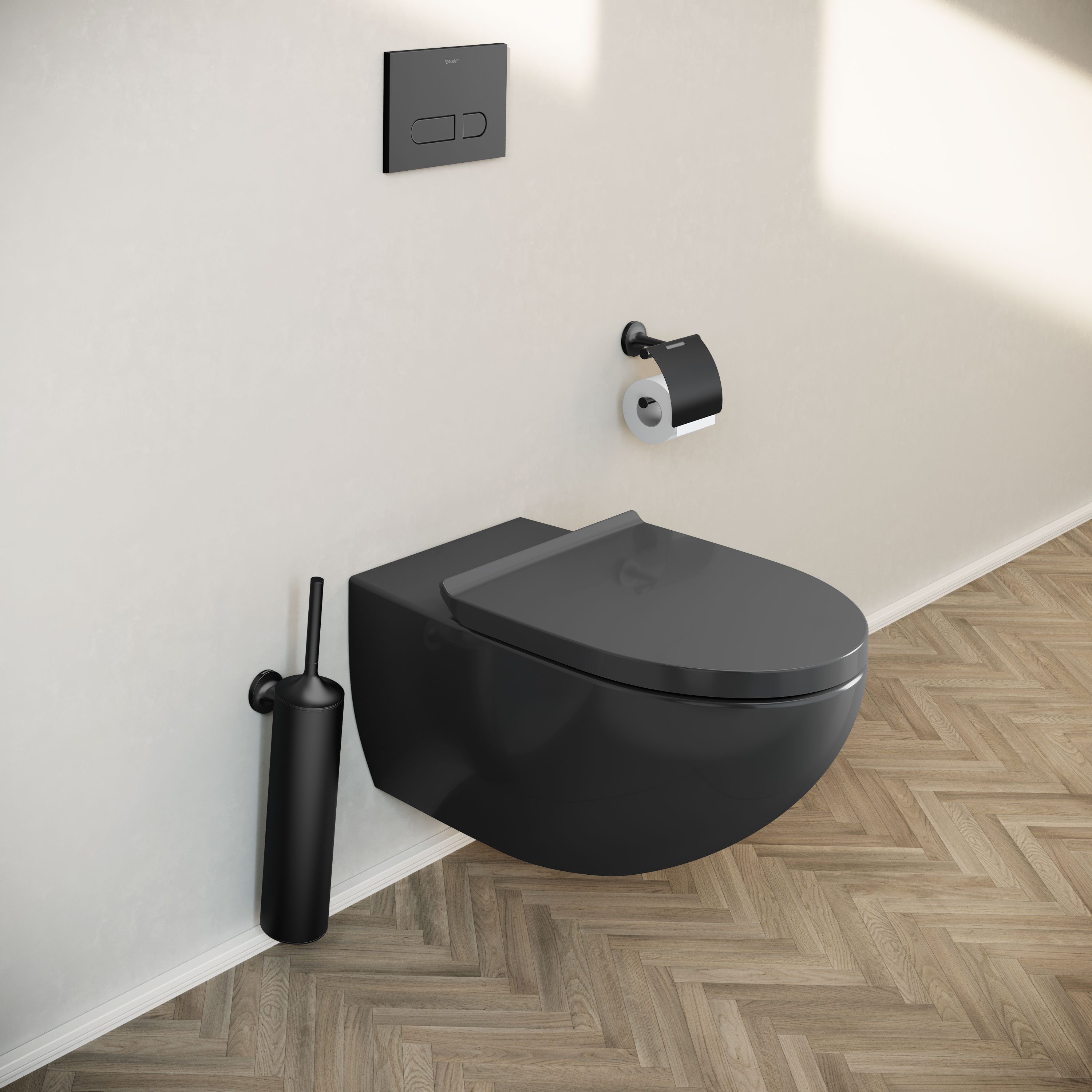 Duravit Tiefspül-WC DuraVento, Wandhängend, Wand-WC Set DuraVento Schwarz glänzend Spülrandlos Softclose