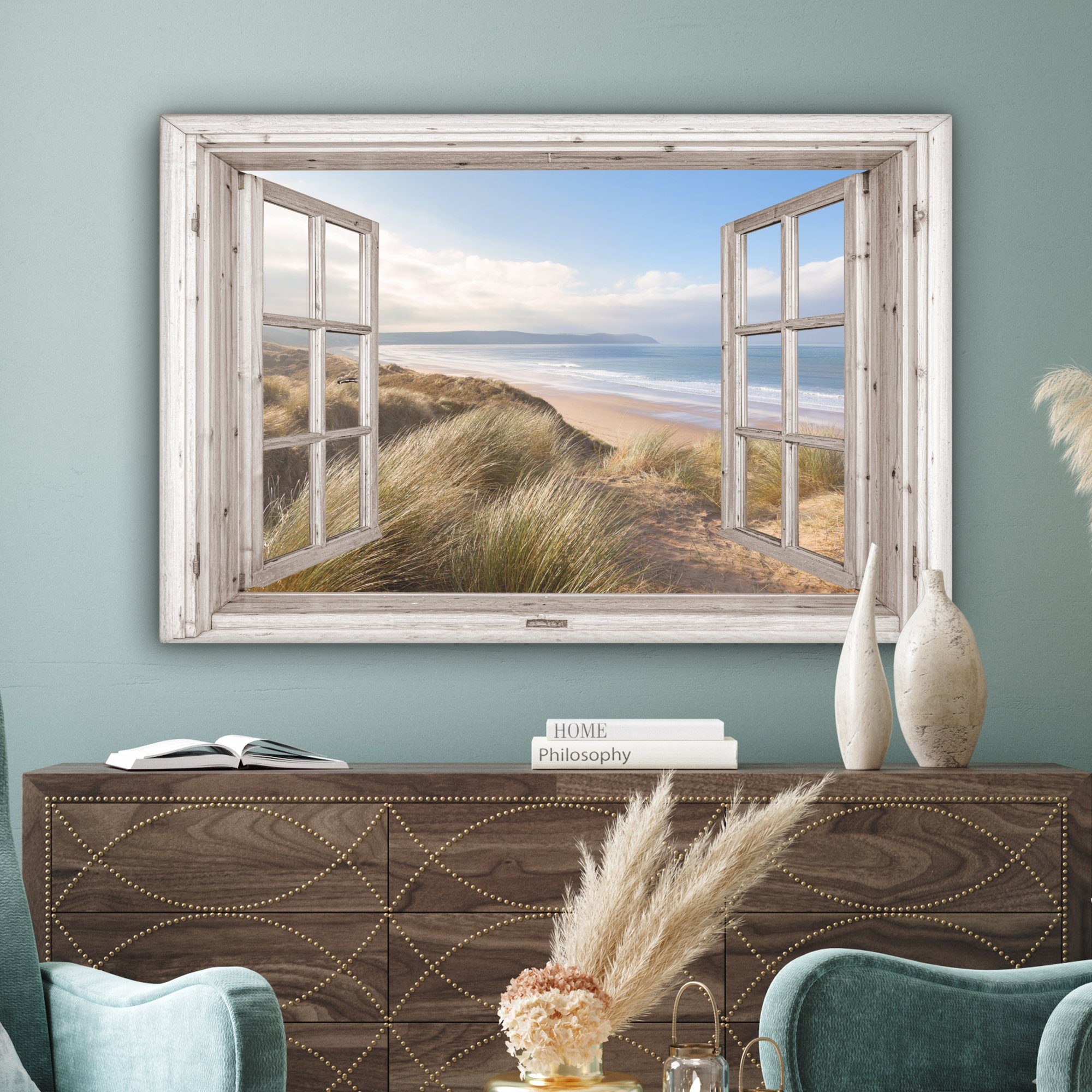 Strand - XXL, Gemälde, - Durchblick Strandgras großes, alle - (1 Blau, Wohnbereiche, Meer St), - Sand cm Dünen - - Wandbild OneMillionCanvasses® 120x80 für Leinwandbild