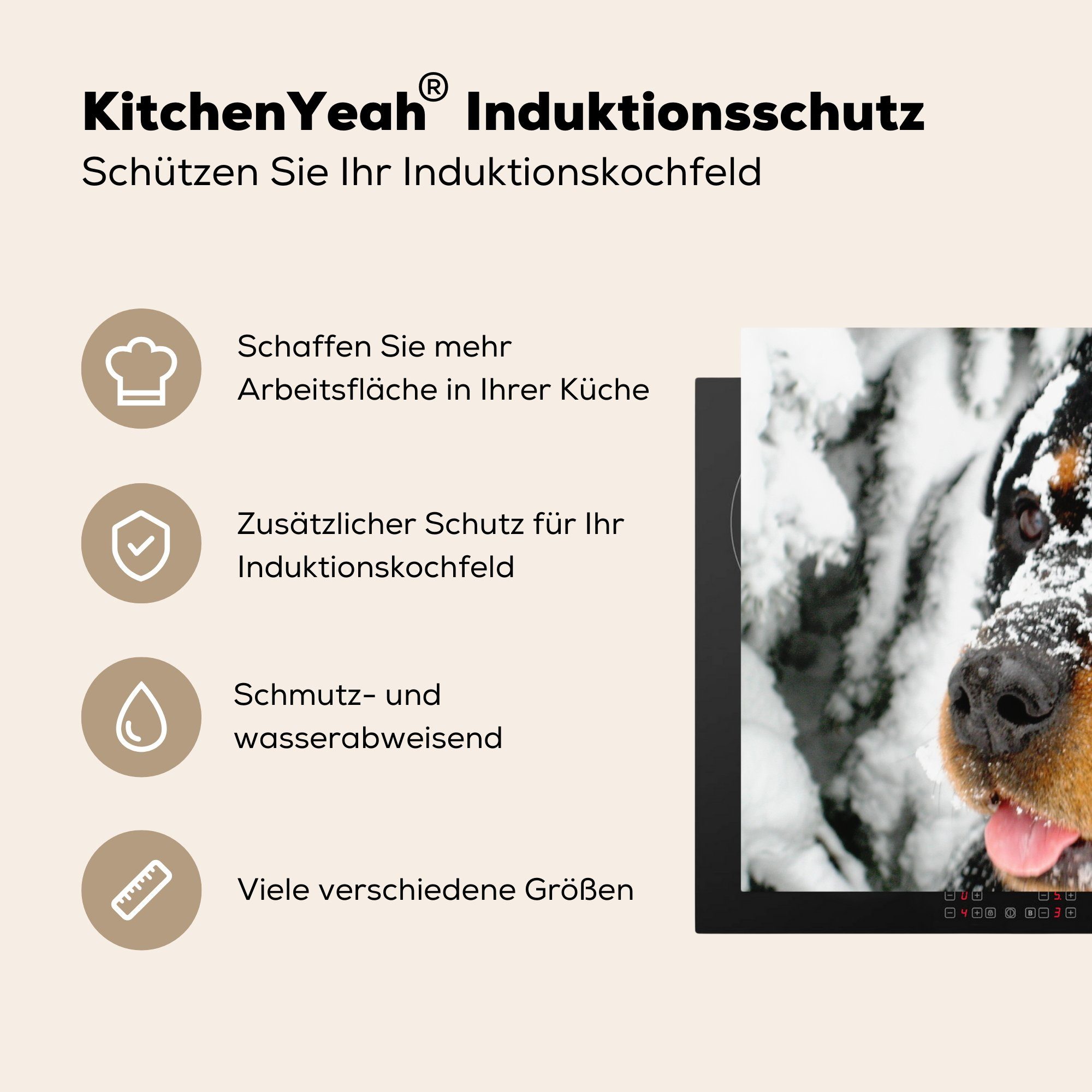 MuchoWow Herdblende-/Abdeckplatte Schöner Rottweiler im Mobile (1 cm, Arbeitsfläche Schnee, 70x52 nutzbar, Ceranfeldabdeckung tlg), Vinyl