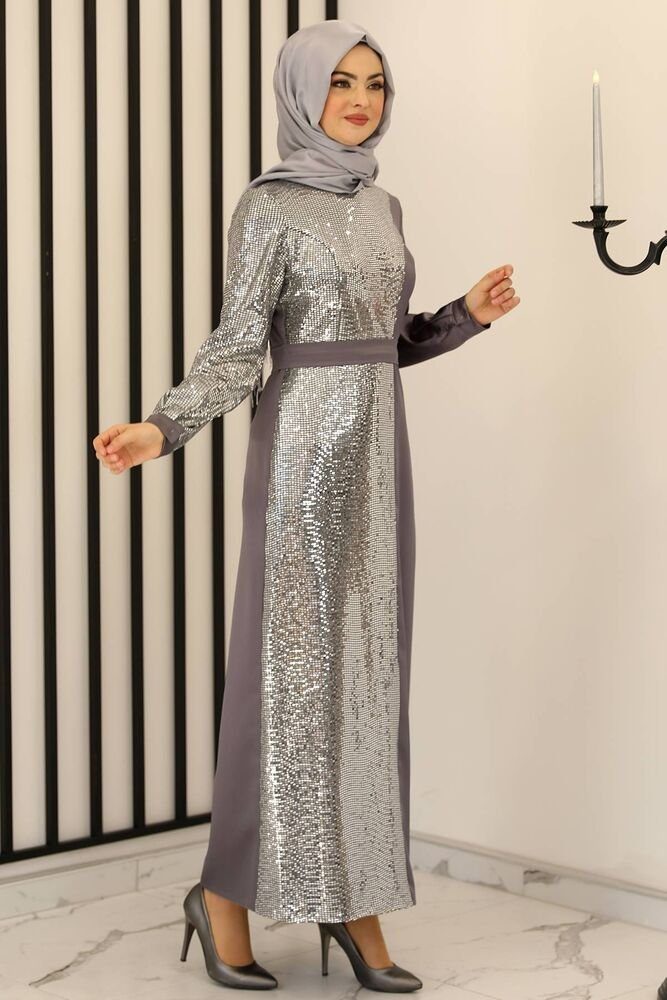 Abendkleid Silber Hijabmode silbernes Paillettenkleid Abiye Fashion Damen Anthrazit Pailletten, Modavitrini Modest Kleid