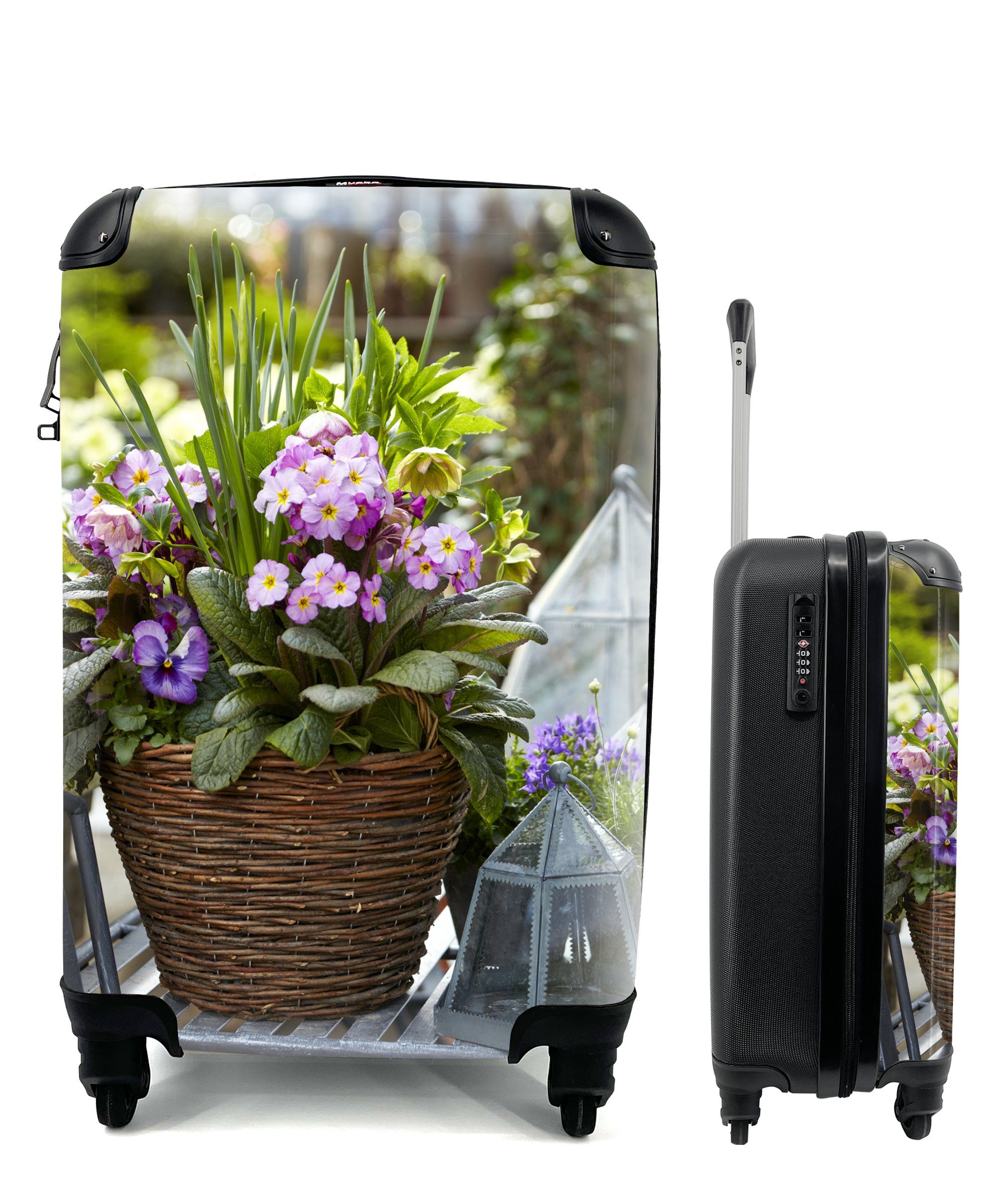 MuchoWow Handgepäckkoffer Primeln in einem Korb, 4 Rollen, Reisetasche mit rollen, Handgepäck für Ferien, Trolley, Reisekoffer