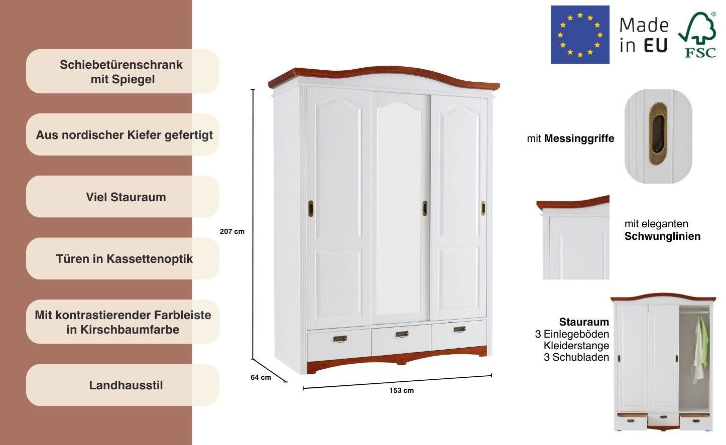 OTTO home Schiebetürenschrank Konrad, Landhausstil, rustikal, mit Schubladen + Spiegel, Kassetten (3 Breiten: 153/202/249 cm H/T ca.207/64 cm) massive Kiefer, F – Bild 3 von 5