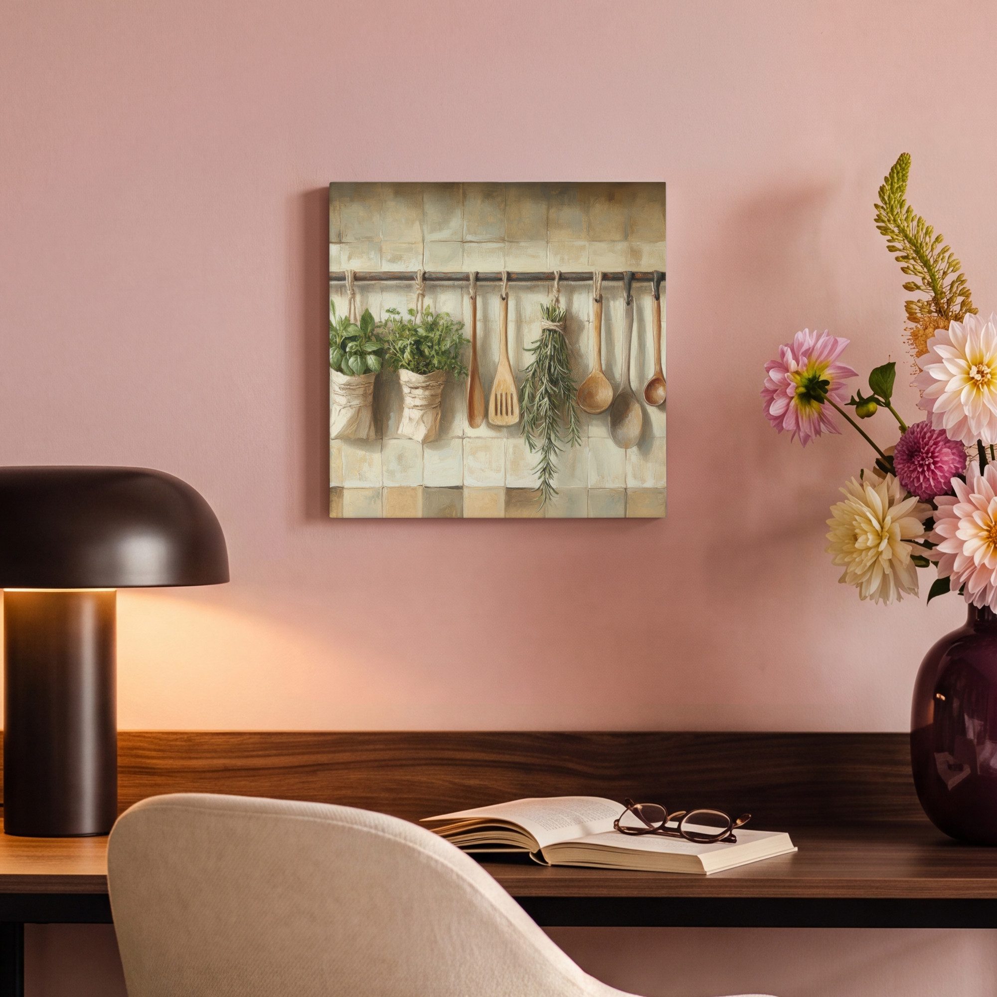 OneMillionCanvasses® Leinwandbild Holz - Küchengeräte - Stilleben - Kacheln, Fotodruck (1 St), Wandbild, Deko Schlafzimmer Wohnzimmer Flur 20x20 cm – Bild 4 von 5