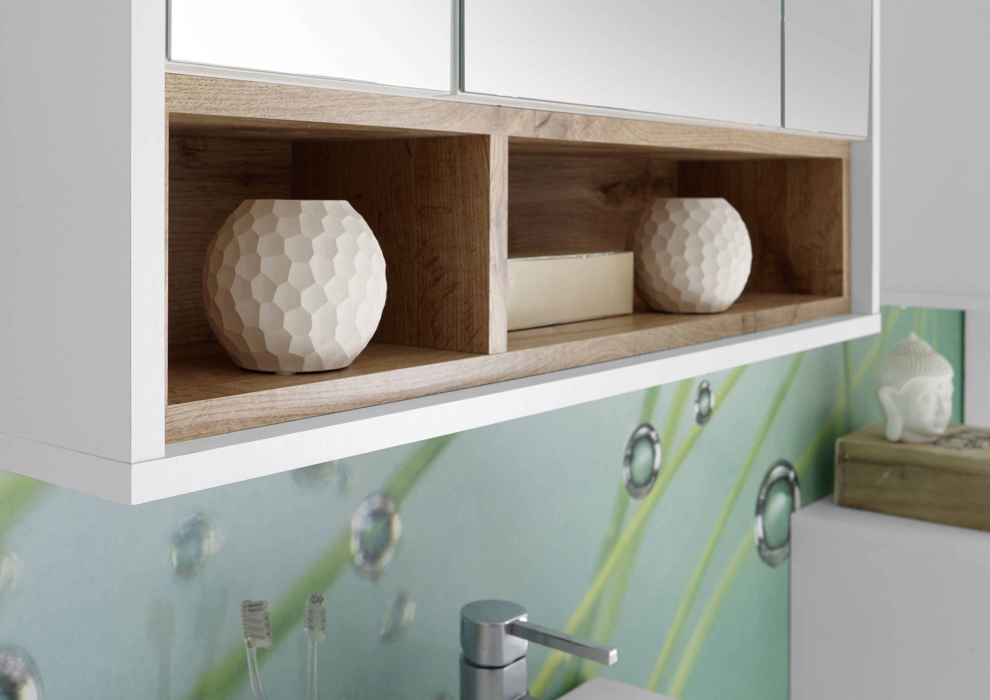 PREISBRECHER Badezimmerspiegelschrank Milano in Weiß-Wildeiche mit 3 Einlegeböden. Abmessungen (BxHxT) 80x72x21 cm