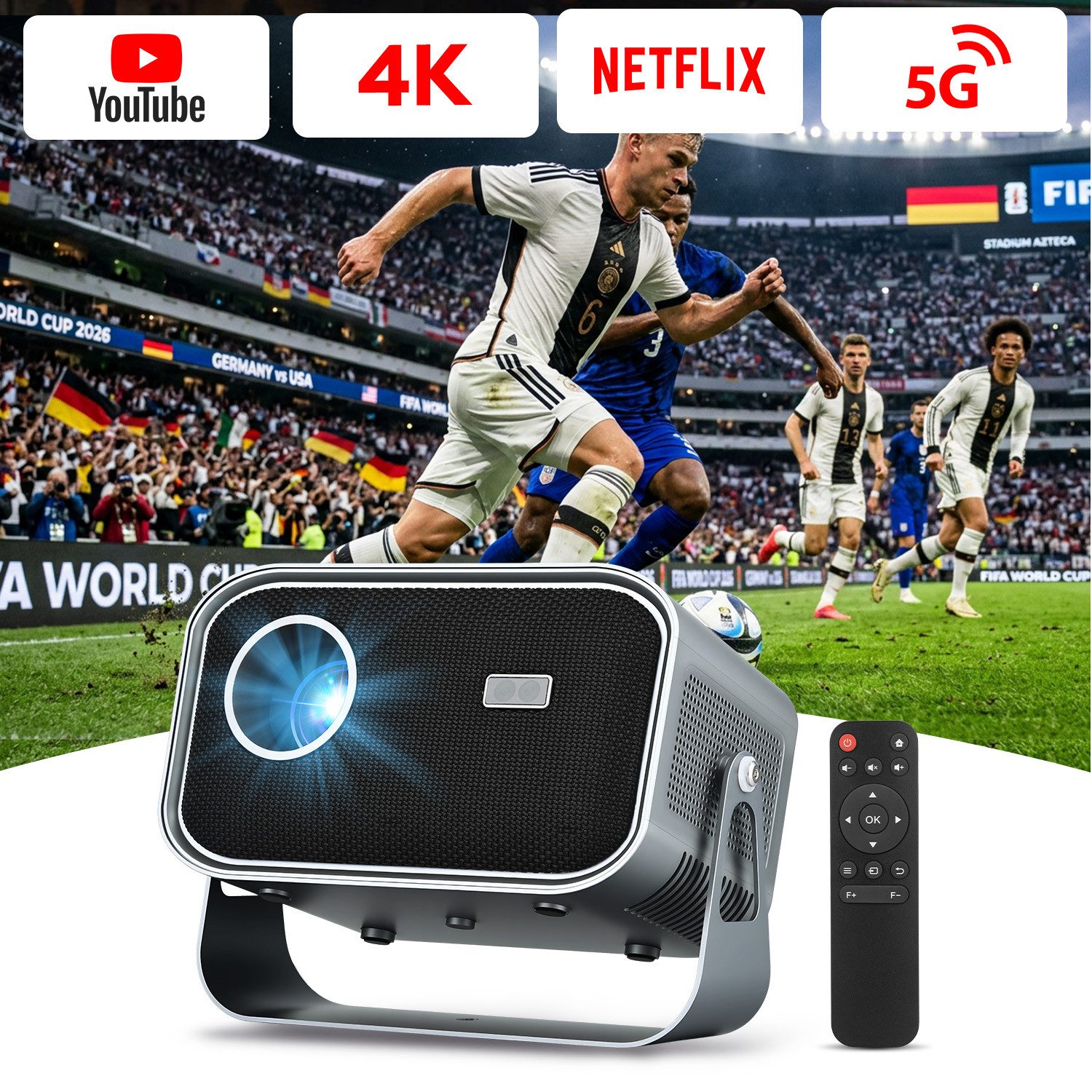 CkeyiN LCD-Beamer 4K 1080P Projektor unterstützt Netflix Youtube LCD-Beamer (12000 lm, 1280×720 px, Autofokus Beamer Augenschonender Projektor Wifi 2,4G 5G Android 11)