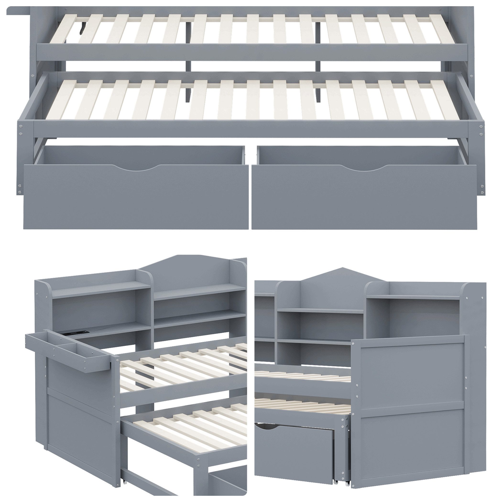 SeedWave Holzbett Ausziehbar Holzbett mit Stauraumschublade und Ladeanschluss, Stauraumschublade mit mehreren Regalen 90x190/200 cm