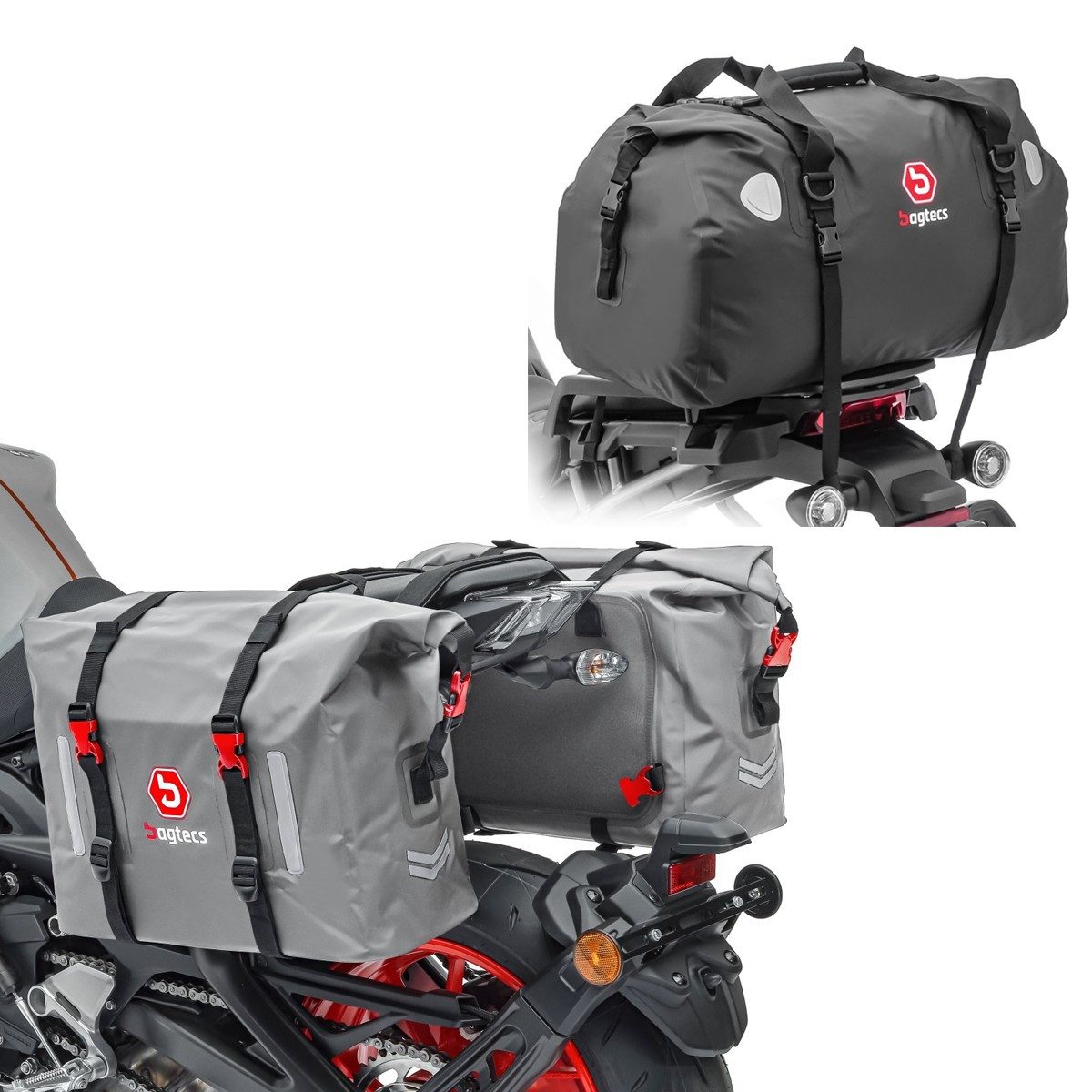 Bagtecs Reisetasche Hecktasche Drybag 60l + Satteltaschen Wasserdicht 2x30L Rollverschluss