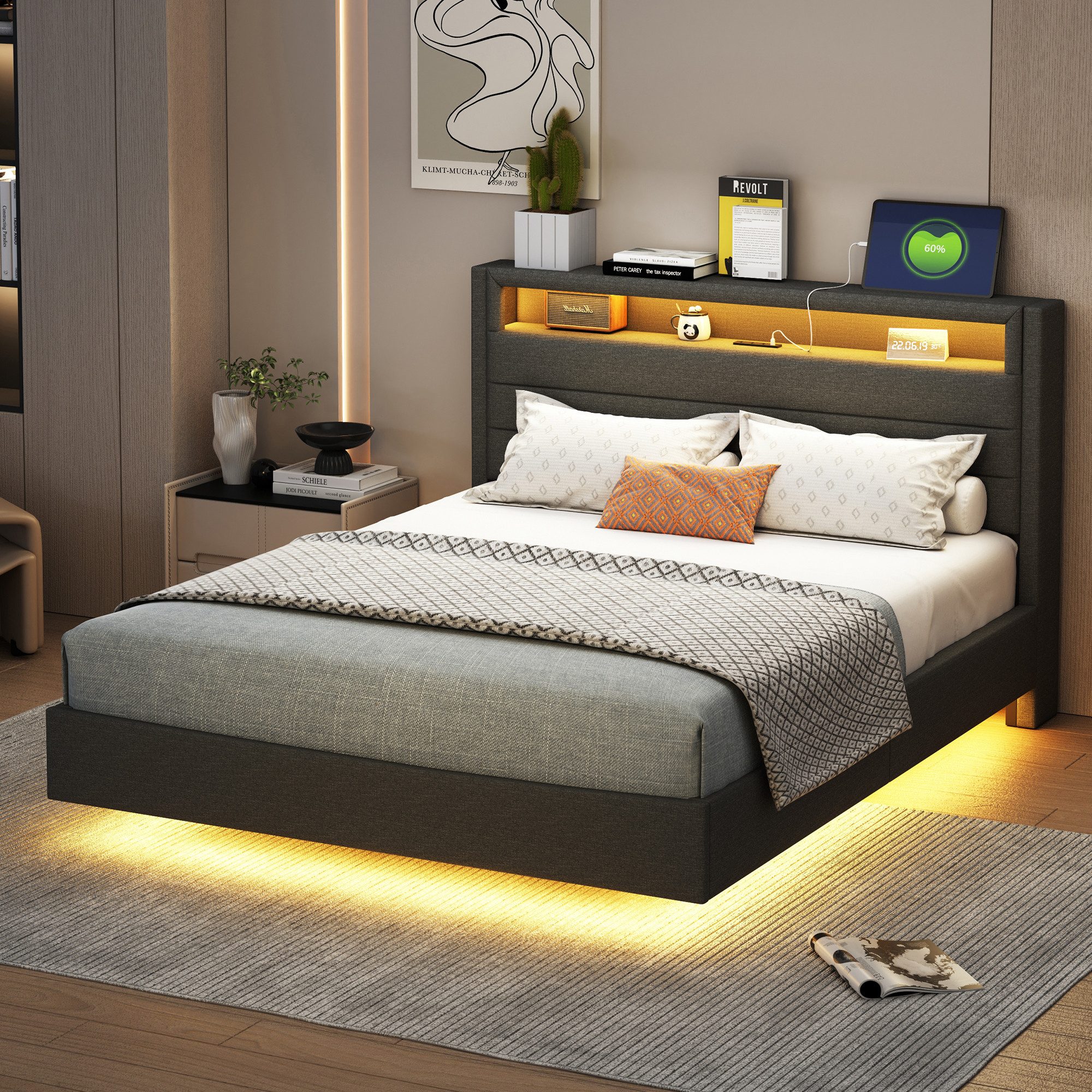Flieks Polsterbett, LED Doppelbett 140x200cm mit USB-Laden und Stauraum am Kopfteil Leinen