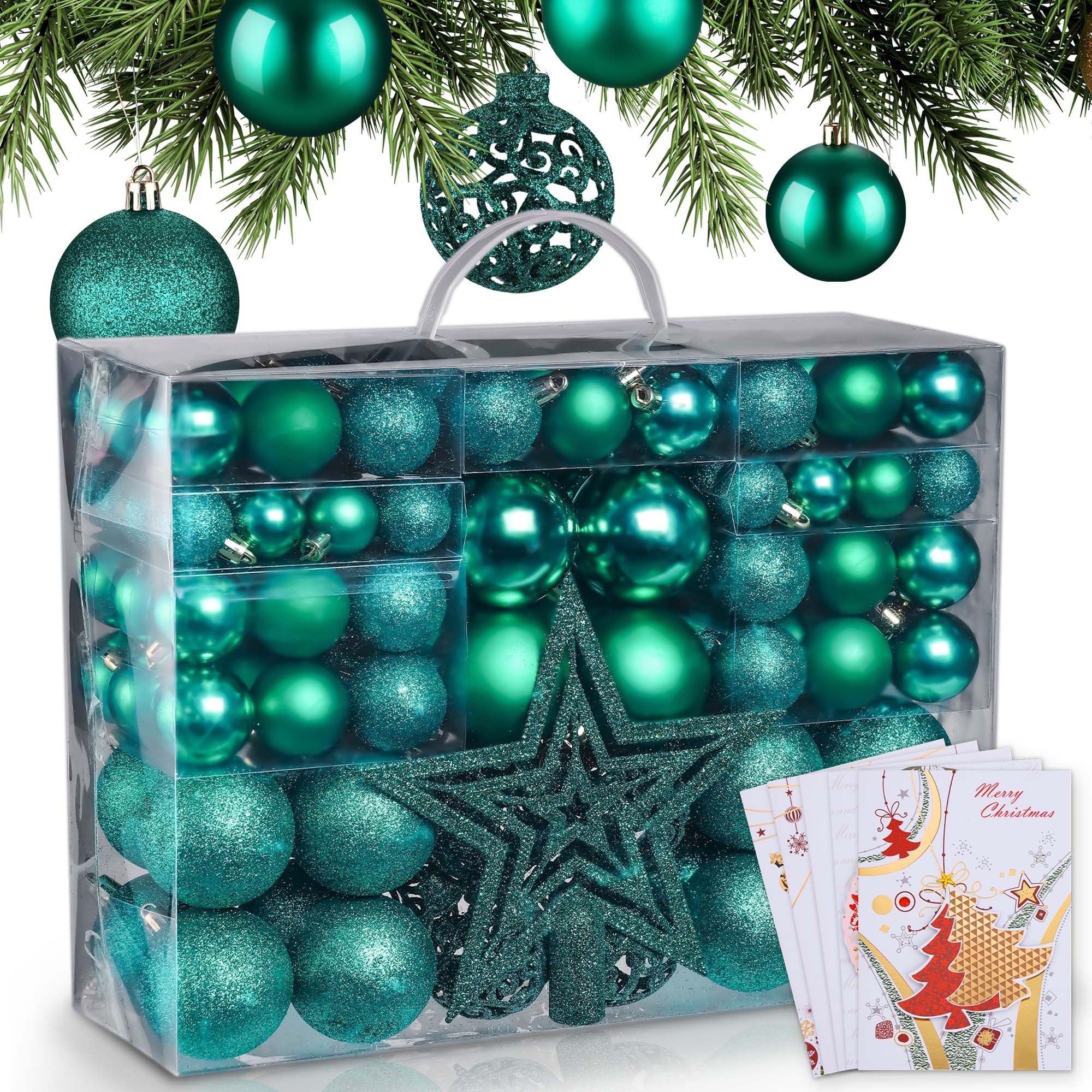 Onbest Weihnachtsbaumkugel 128-teiliges Set, 7 Farben, 3 Größen, 1 Stern + 5 Karten