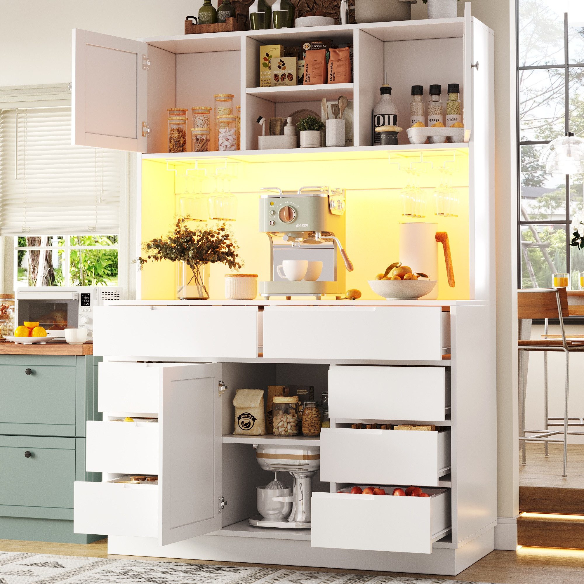 Flieks Küchenbuffet mit LED-Beleuchtung, Gläserhalter, 8 Schubladen und 3 Türen (1-St., B120/T40/H183,5 cm) Hochschrank Küchenschrank Geschirrschrank mit verstellbaren Ablagen