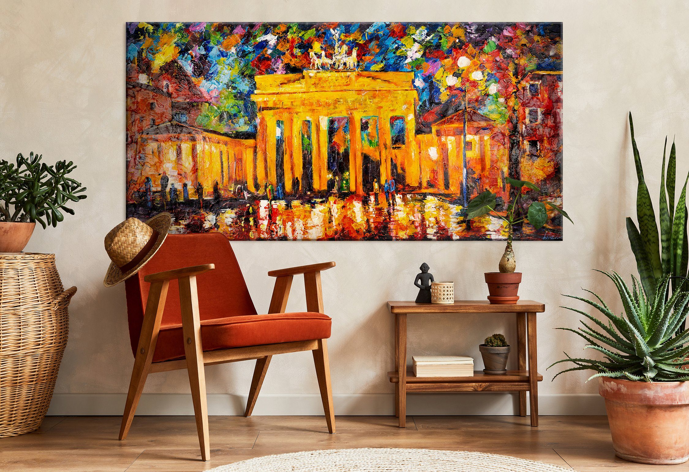 Nacht Leinwand Architektur, Rot Handgemalt Berlin bei Schattenfugenrahmen Ohne Brandenburger Bild YS-Art Orange Tor, Gemälde