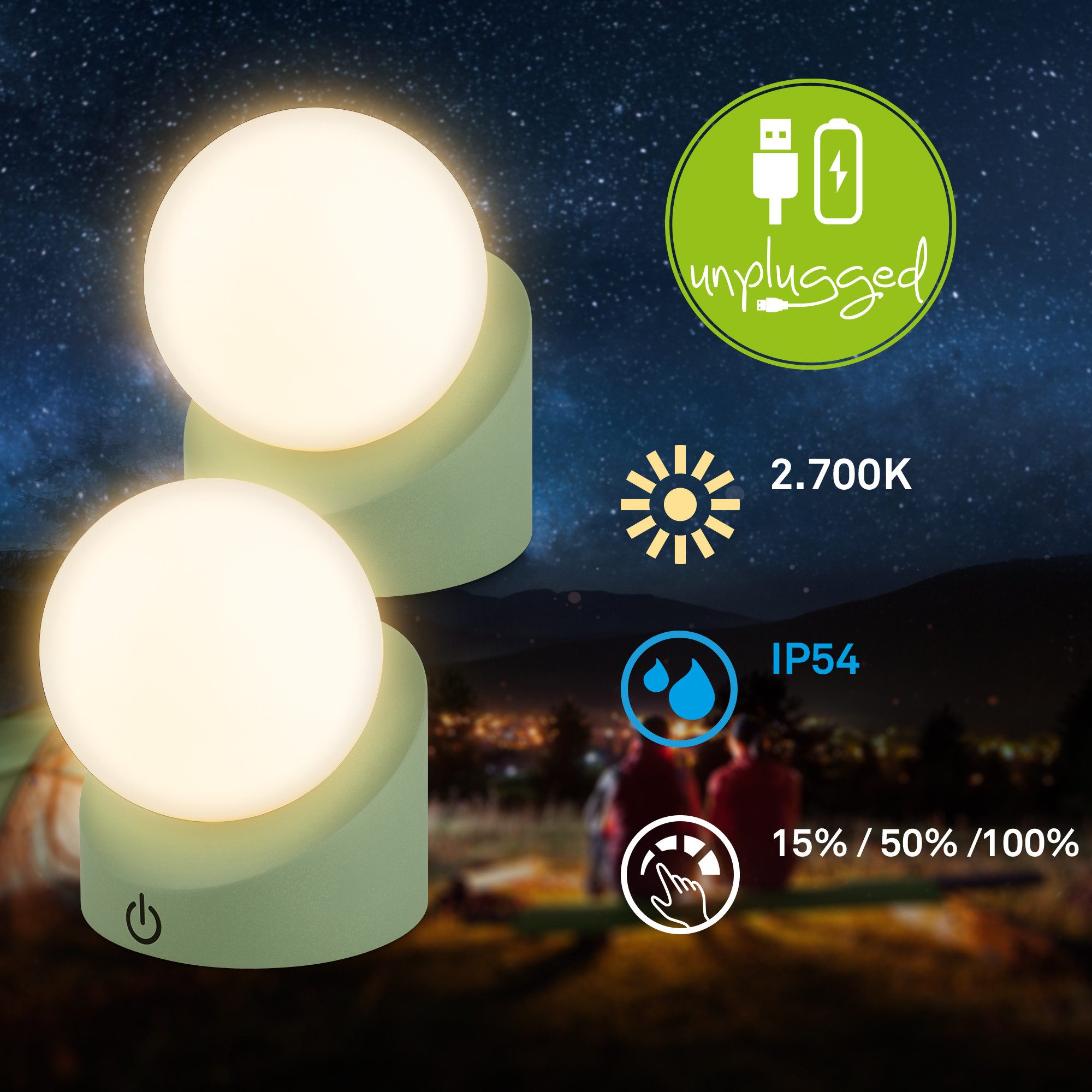 Briloner Leuchten LED Außen-Tischleuchte SORA, Dimmfunktion, LED fest integriert, Warmweiß, kabellos 10x8x9cm Lindgrün 2W Kinderzimmer Flur Outdoor Aussen 2er-Set