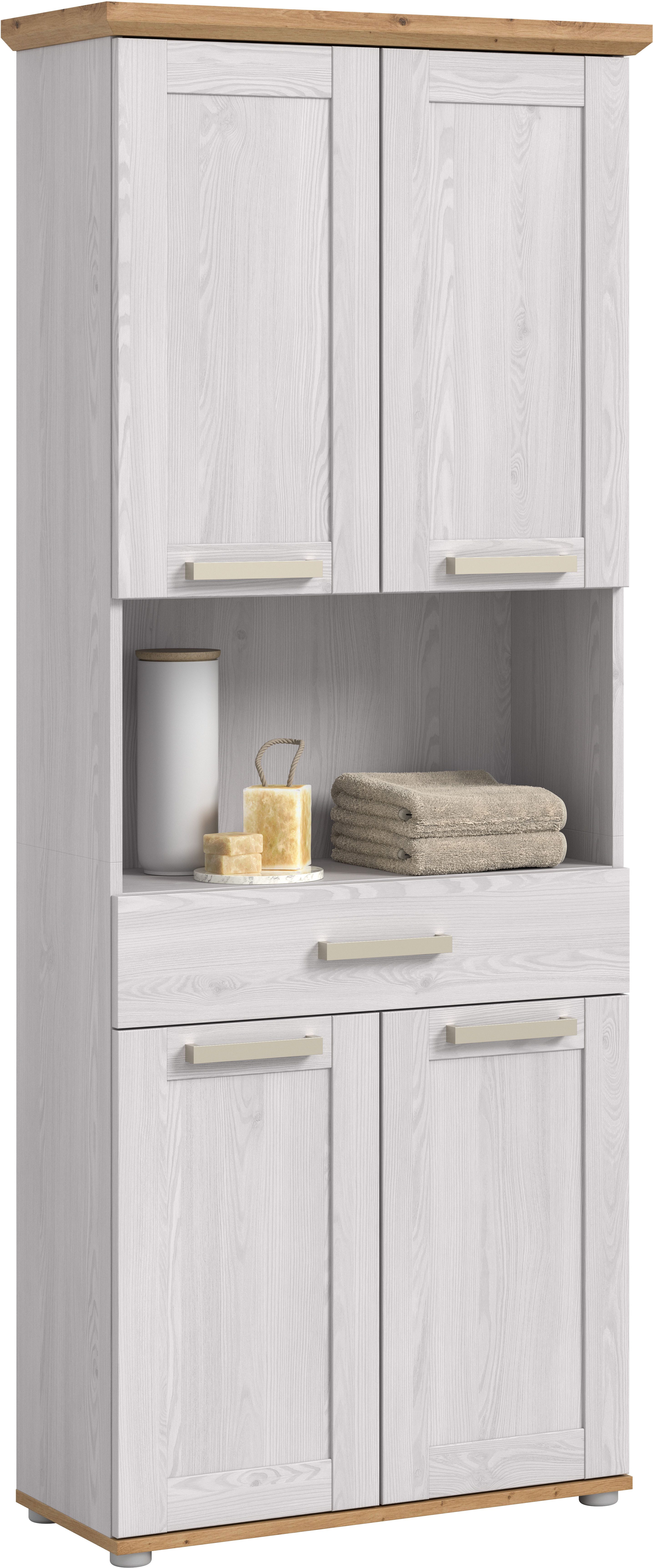 welltime Hochschrank COSENZA, Höhe 187cm, 4 Türen, 1 Schubkasten, 1 offenes Fach (1-St., in Landhausoptik, mit weiteren Artikel der Serie kombinierbar) Hochschrank, Bad, Badezimmerschrank