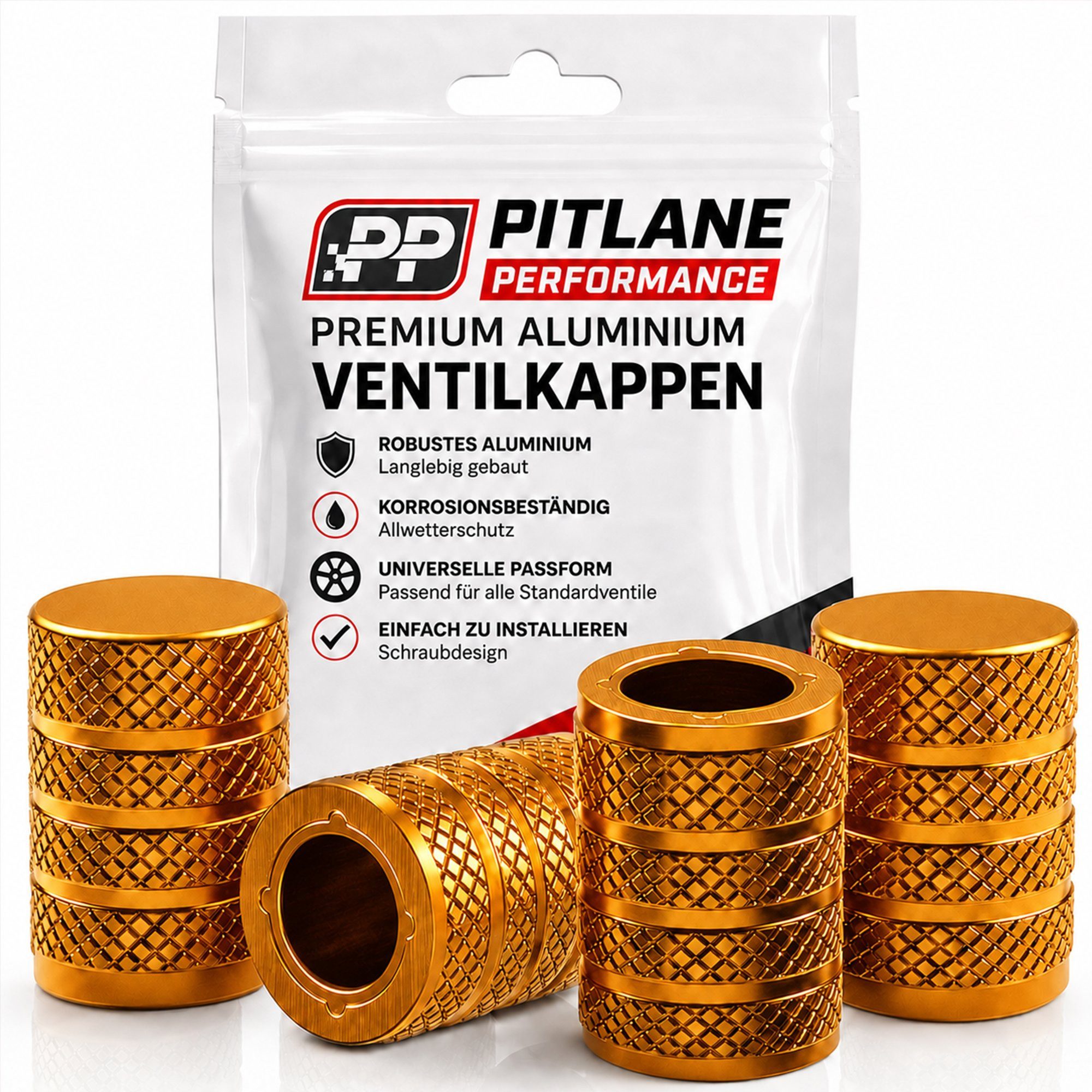 Pitlane Performance Ventilkappe Alu-Ventilkappen für Schrader-Ventile, (Ventilkappen-Set, 4-St., 4 Stück aus Aluminium), Korrosionsschutz und innenliegende Dichtung