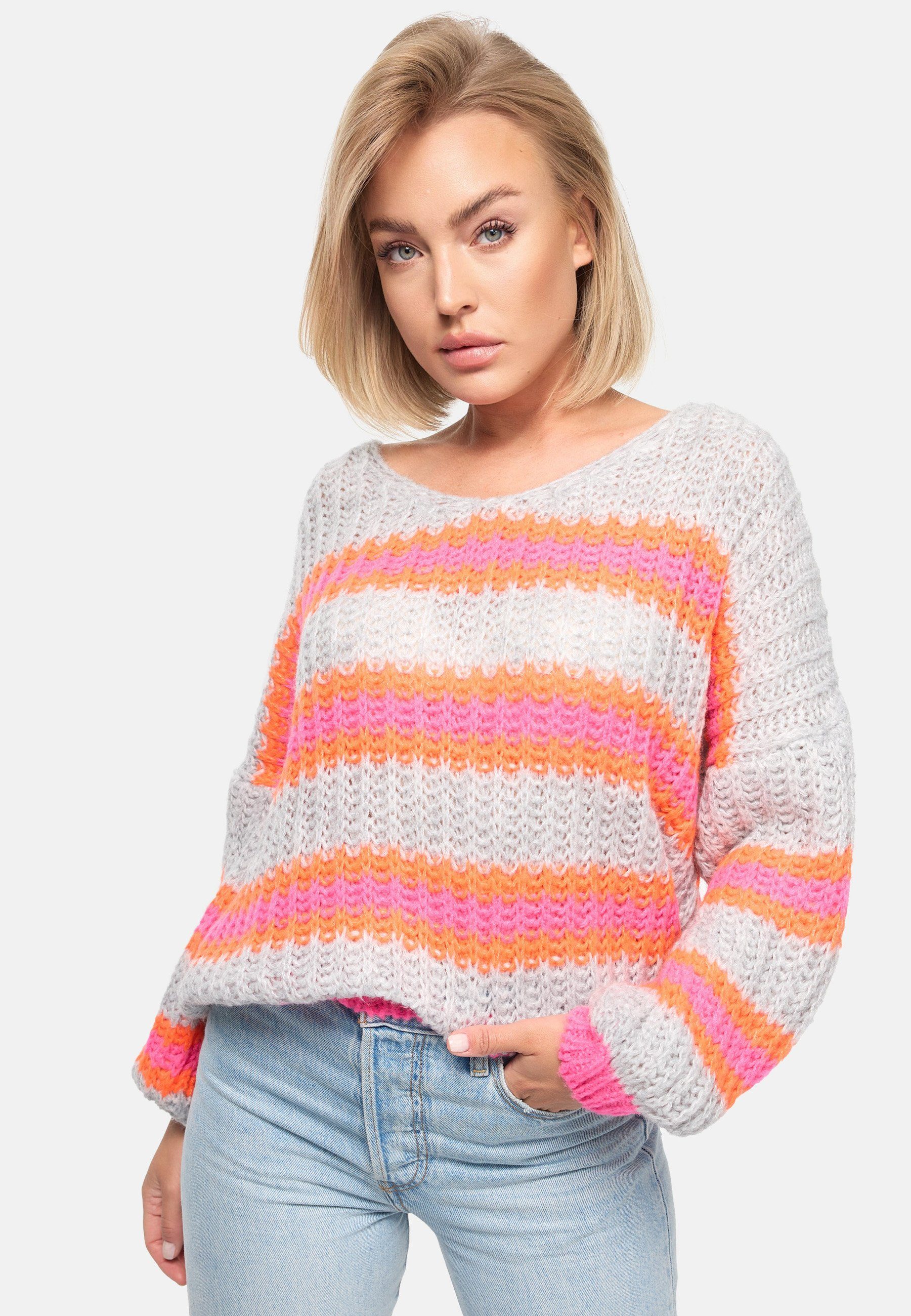 Rayshyne Strickpullover PM-01 (Kuscheliger Bunter Pullover Gestreifter Pulli Einheitsgröße)