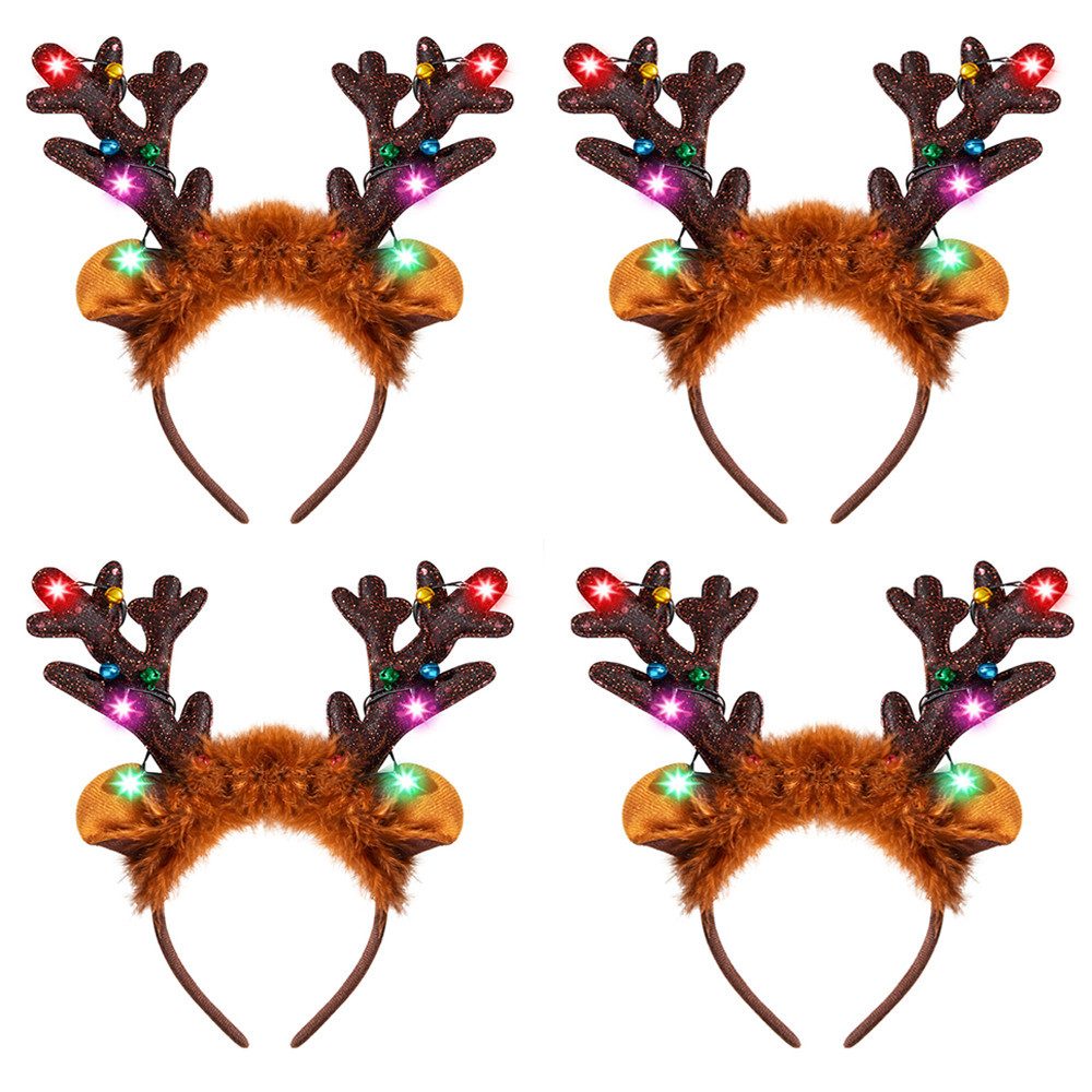 CLTYQ Haarreif Rentier-Stirnband mit leuchtendem Geweih, 4-tlg., Weihnachts-Haarreif für Erwachsene und Kinder