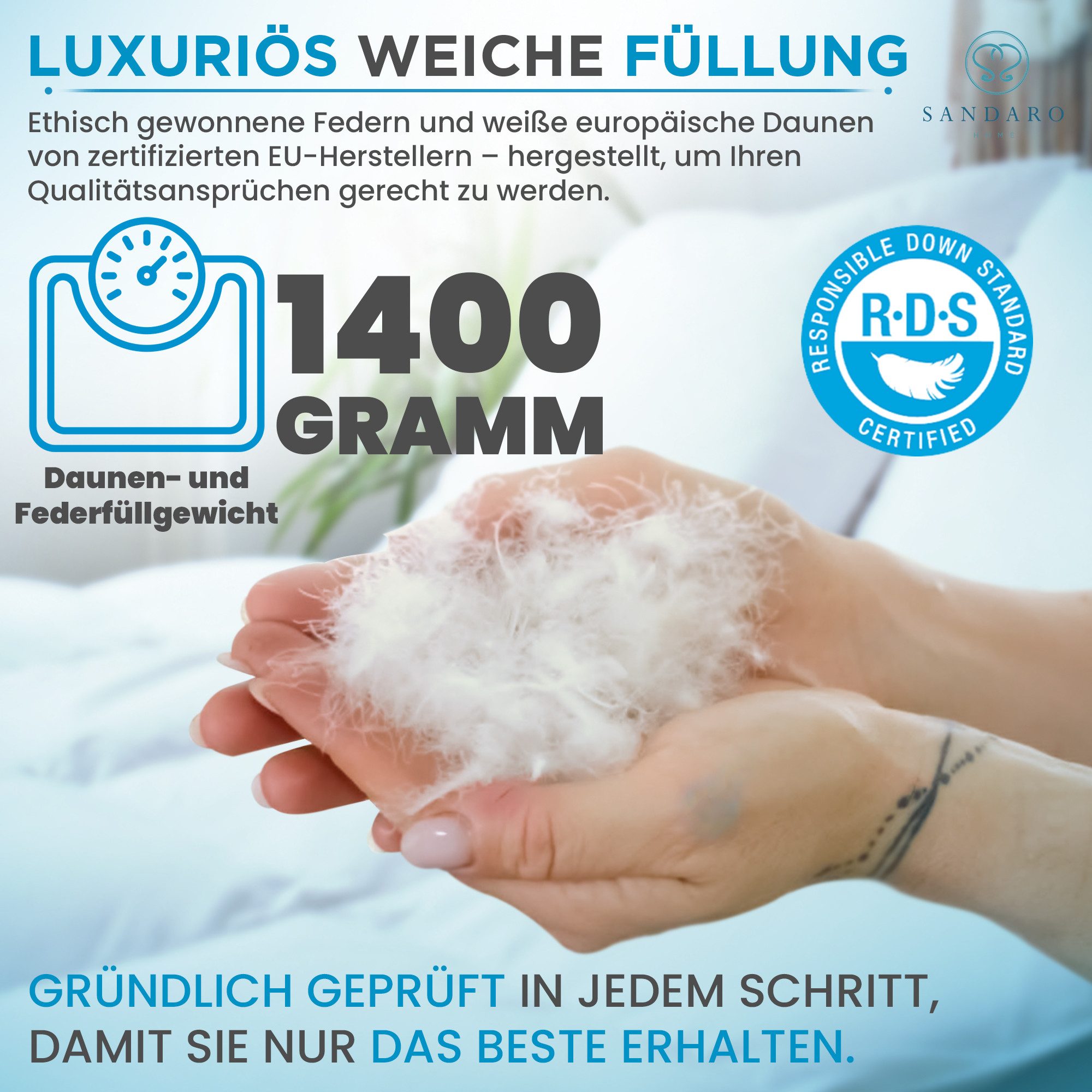 Sandaro Home Daunenbettdecke 155x220 cm, 1400 gr, Natur-Daunen Ganzjahresdecke, Füllung: 70% Daunen/ 30% Federn, Bezug: Baumwolle