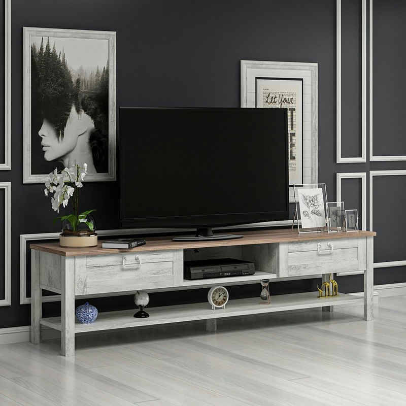 en.casa TV-Schrank »Hashøj« TV Board 42 x 161 x 35.5 cm Fernsehtisch mit 2 Fächern Lowboard Eiche-Optik Weiß Antik