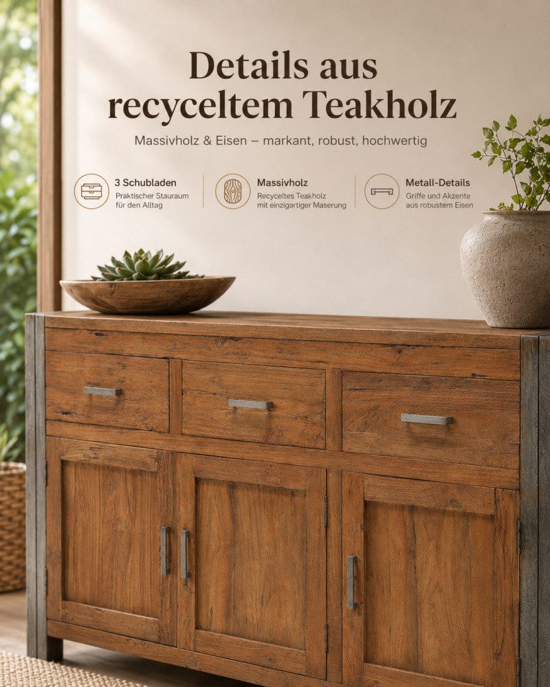 Wohnpalast Sideboard Sideboard Vintage Teak - Massivholz Kommode 3 Schubladen